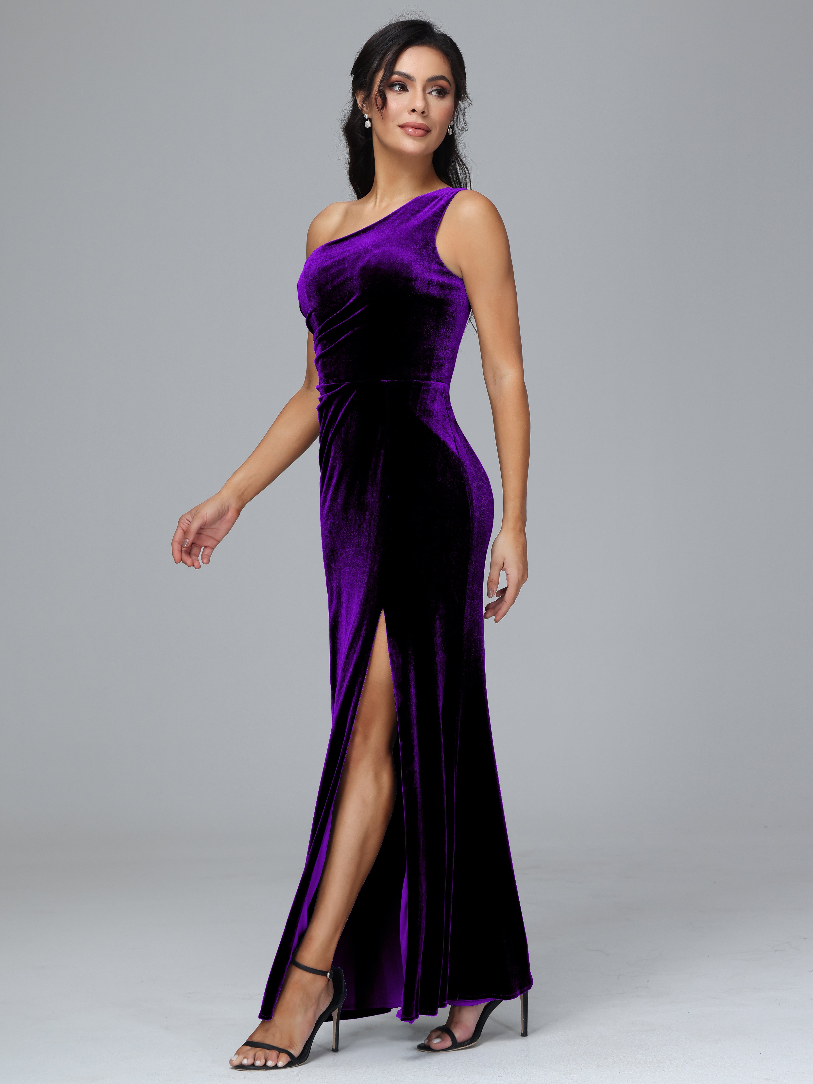 One Shoulder Pleats Long Velvet Bridesmaid Dresses With Split