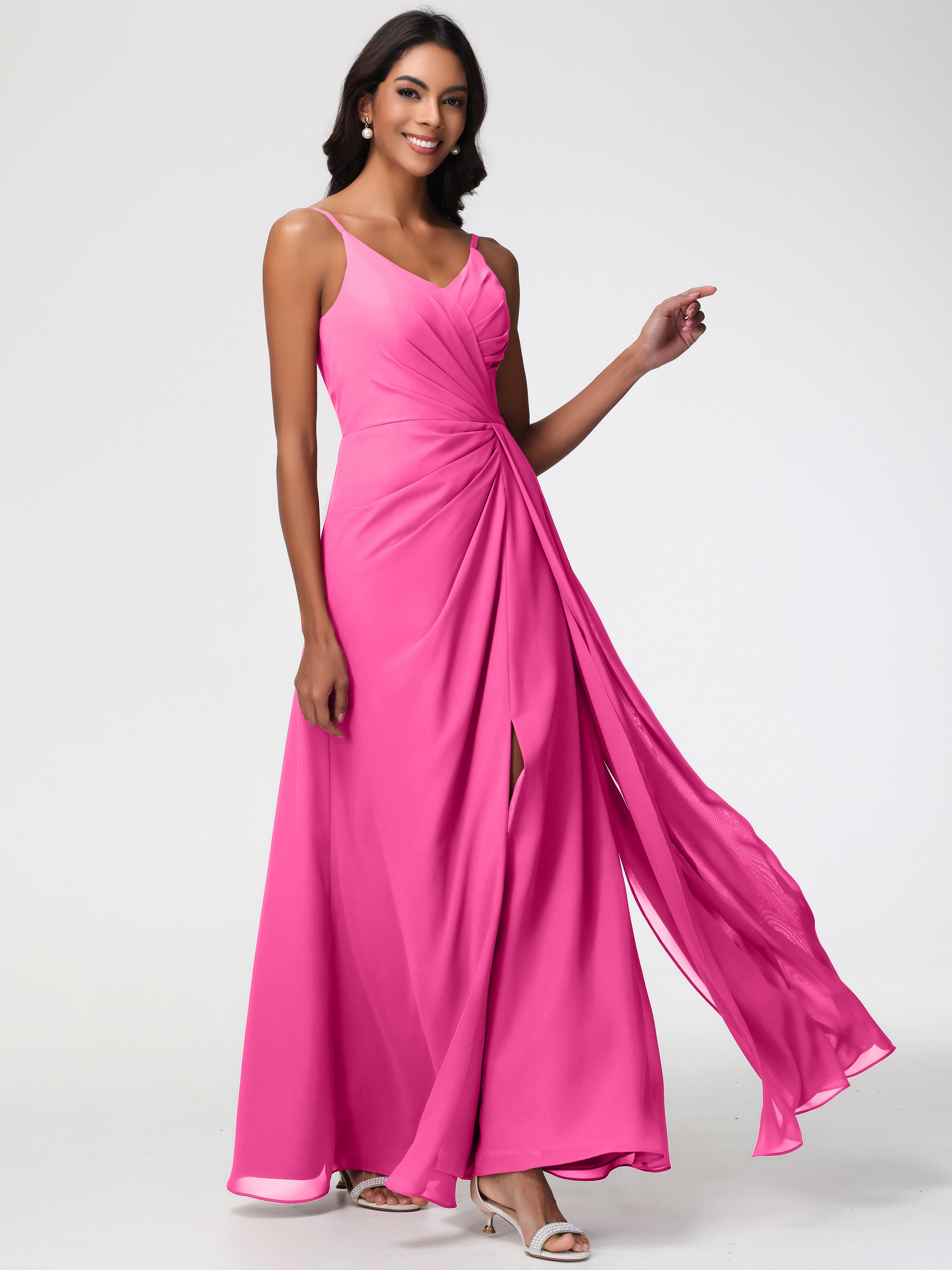 A-Line V-Neck Sleeveless Spaghetti Straps Pleats Chiffon Bridesmaid Dresses With Split