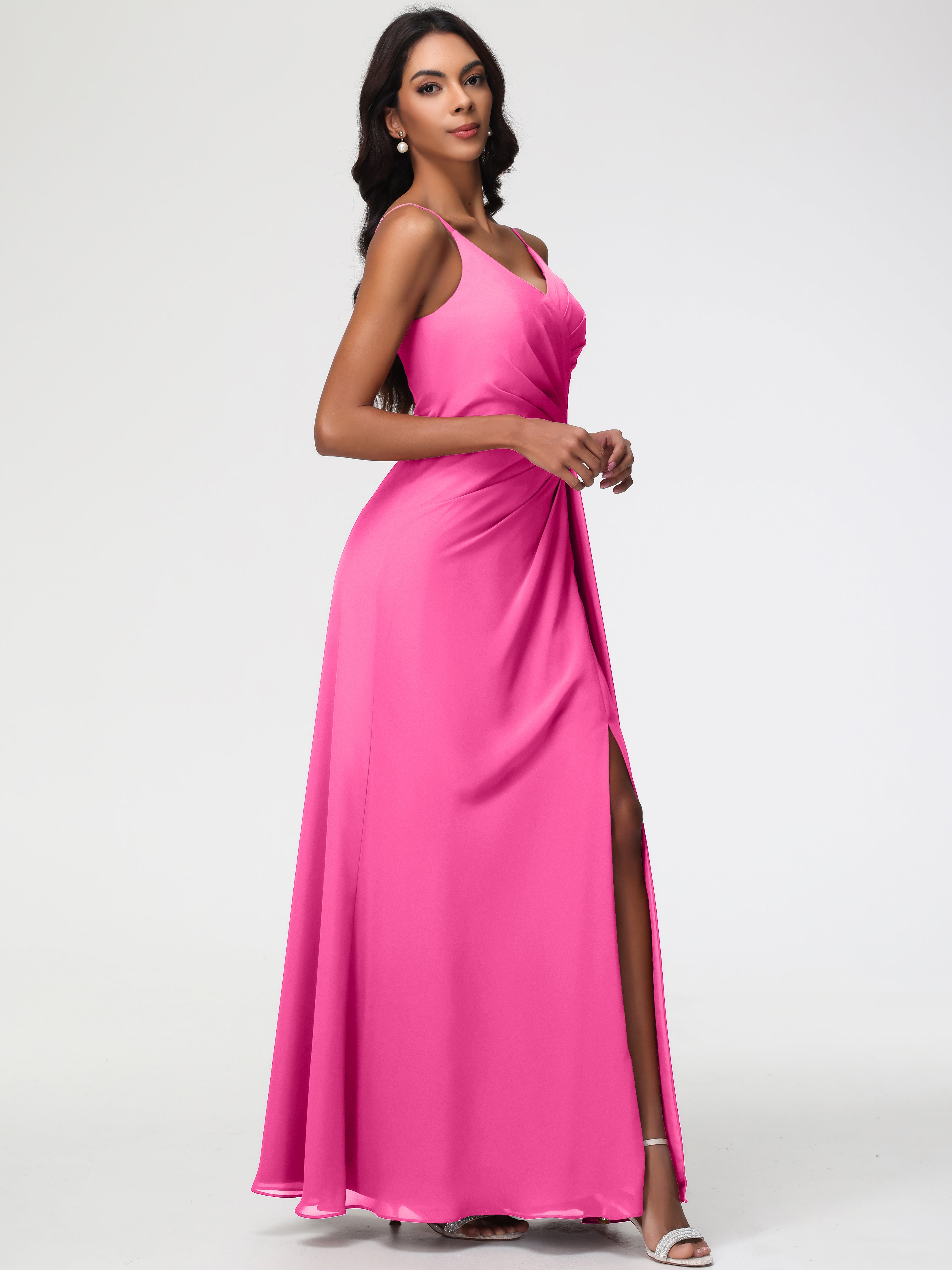A-Line V-Neck Sleeveless Spaghetti Straps Pleats Chiffon Bridesmaid Dresses With Split