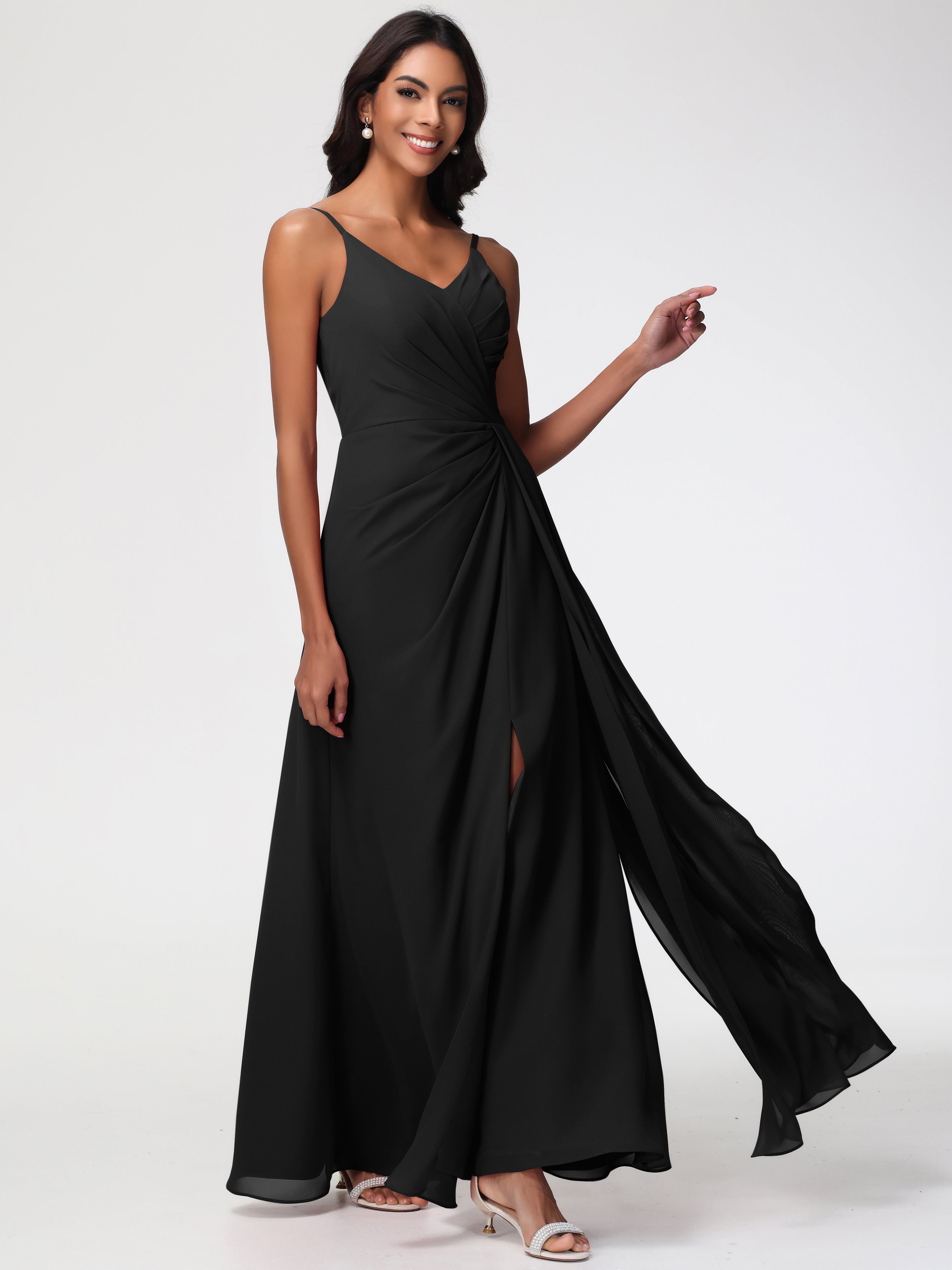 A-Line V-Neck Sleeveless Spaghetti Straps Pleats Chiffon Bridesmaid Dresses With Split