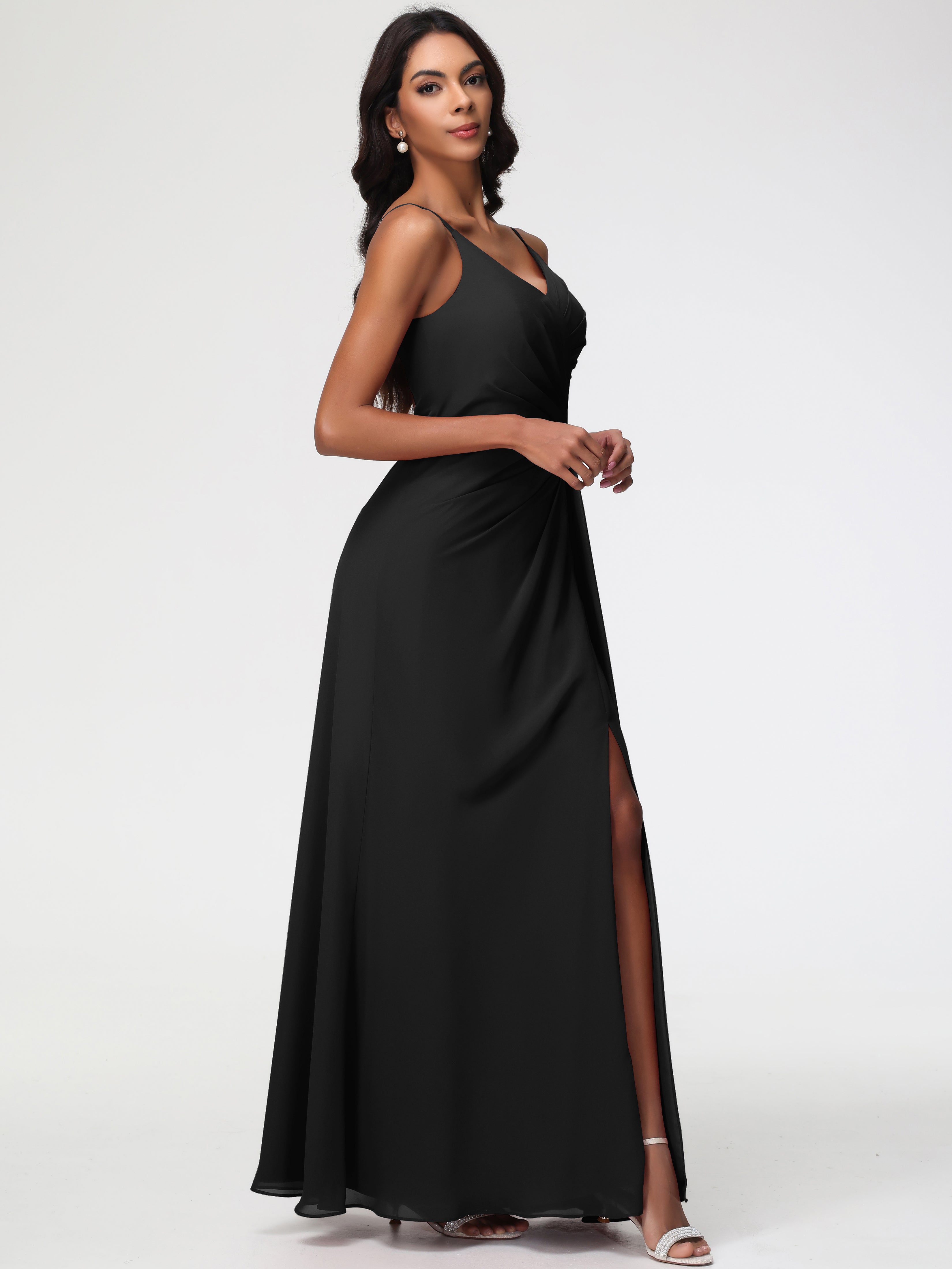 A-Line V-Neck Sleeveless Spaghetti Straps Pleats Chiffon Bridesmaid Dresses With Split