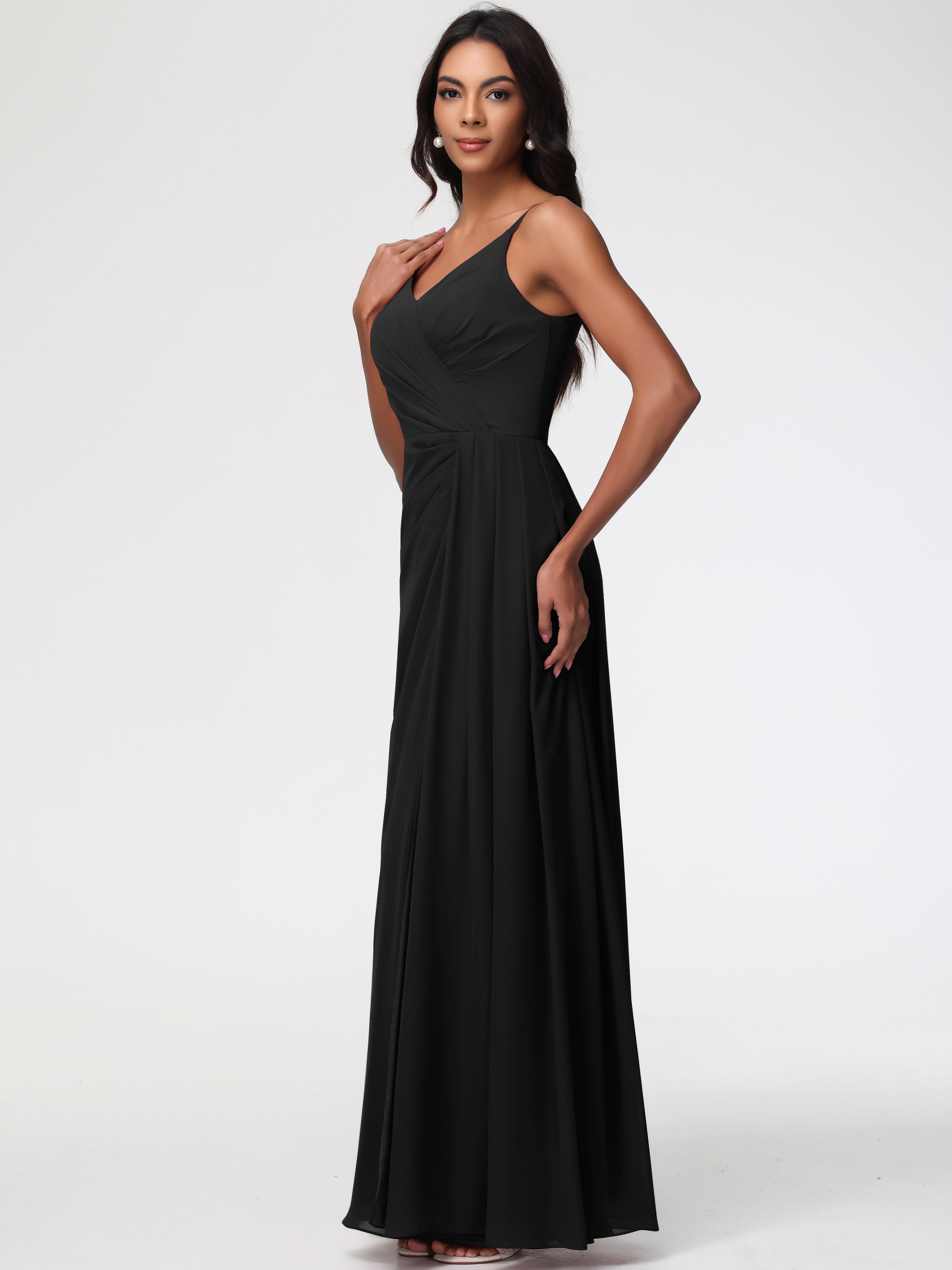 A-Line V-Neck Sleeveless Spaghetti Straps Pleats Chiffon Bridesmaid Dresses With Split