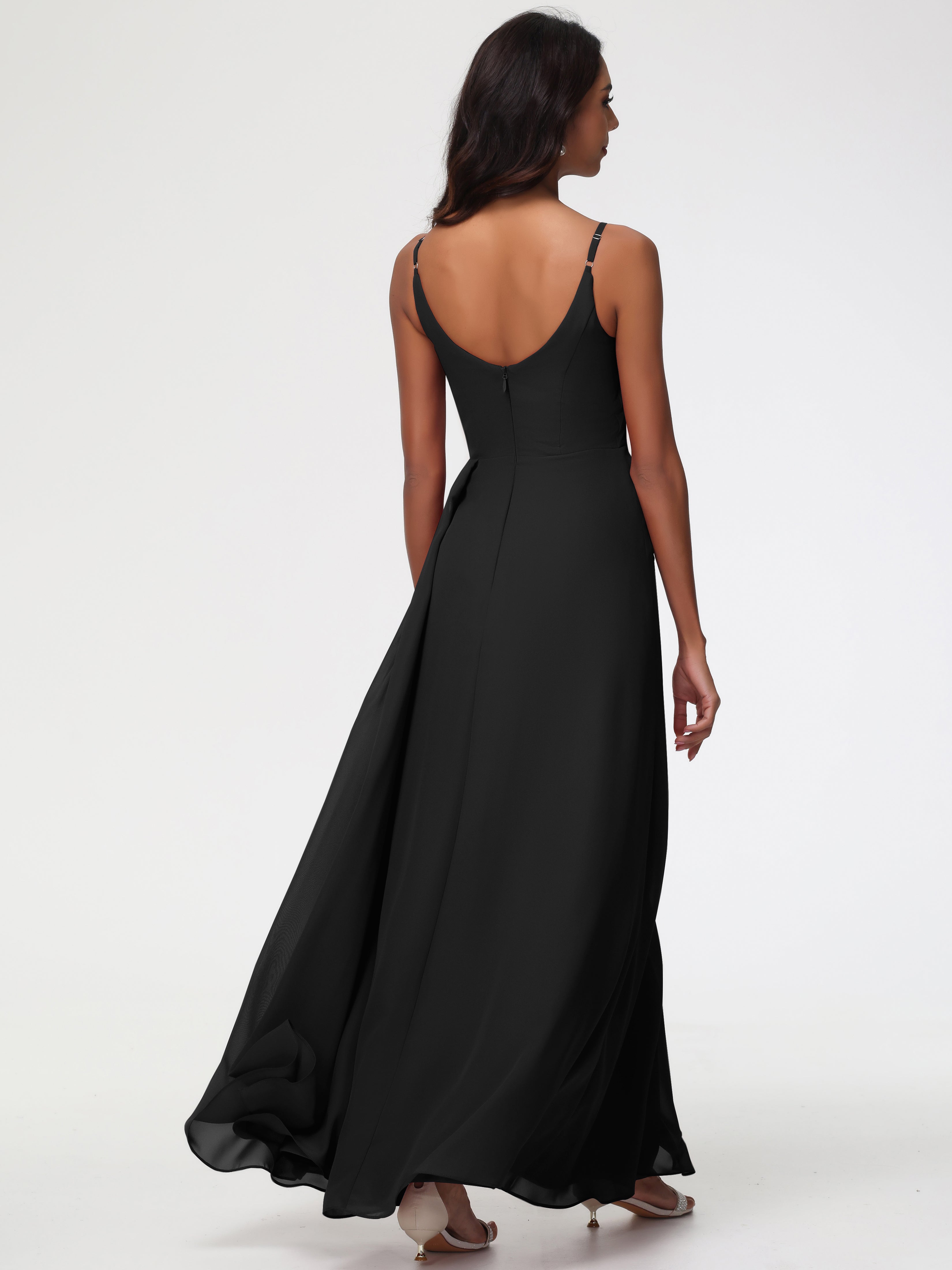 A-Line V-Neck Sleeveless Spaghetti Straps Pleats Chiffon Bridesmaid Dresses With Split