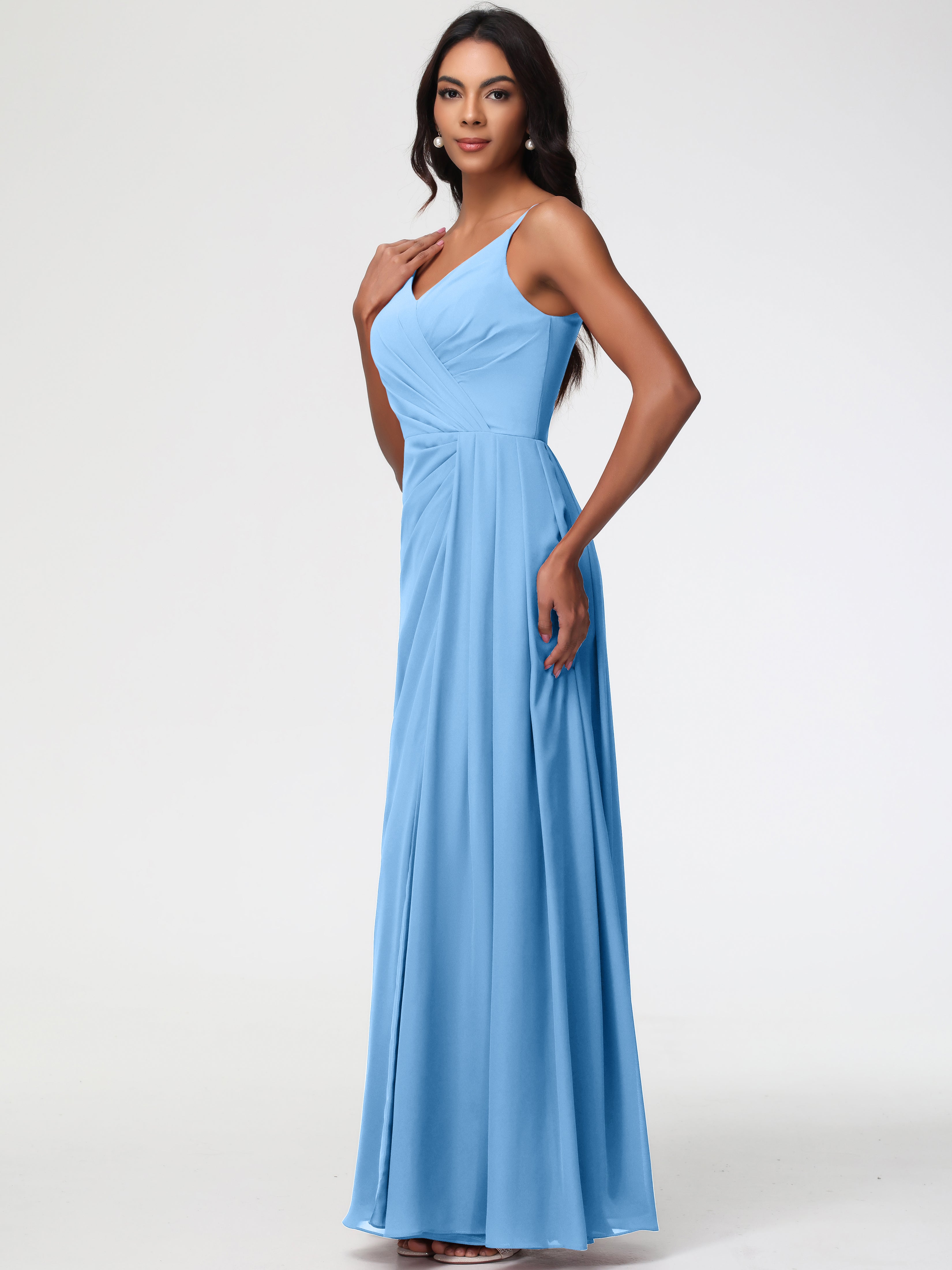 A-Line V-Neck Sleeveless Spaghetti Straps Pleats Chiffon Bridesmaid Dresses With Split