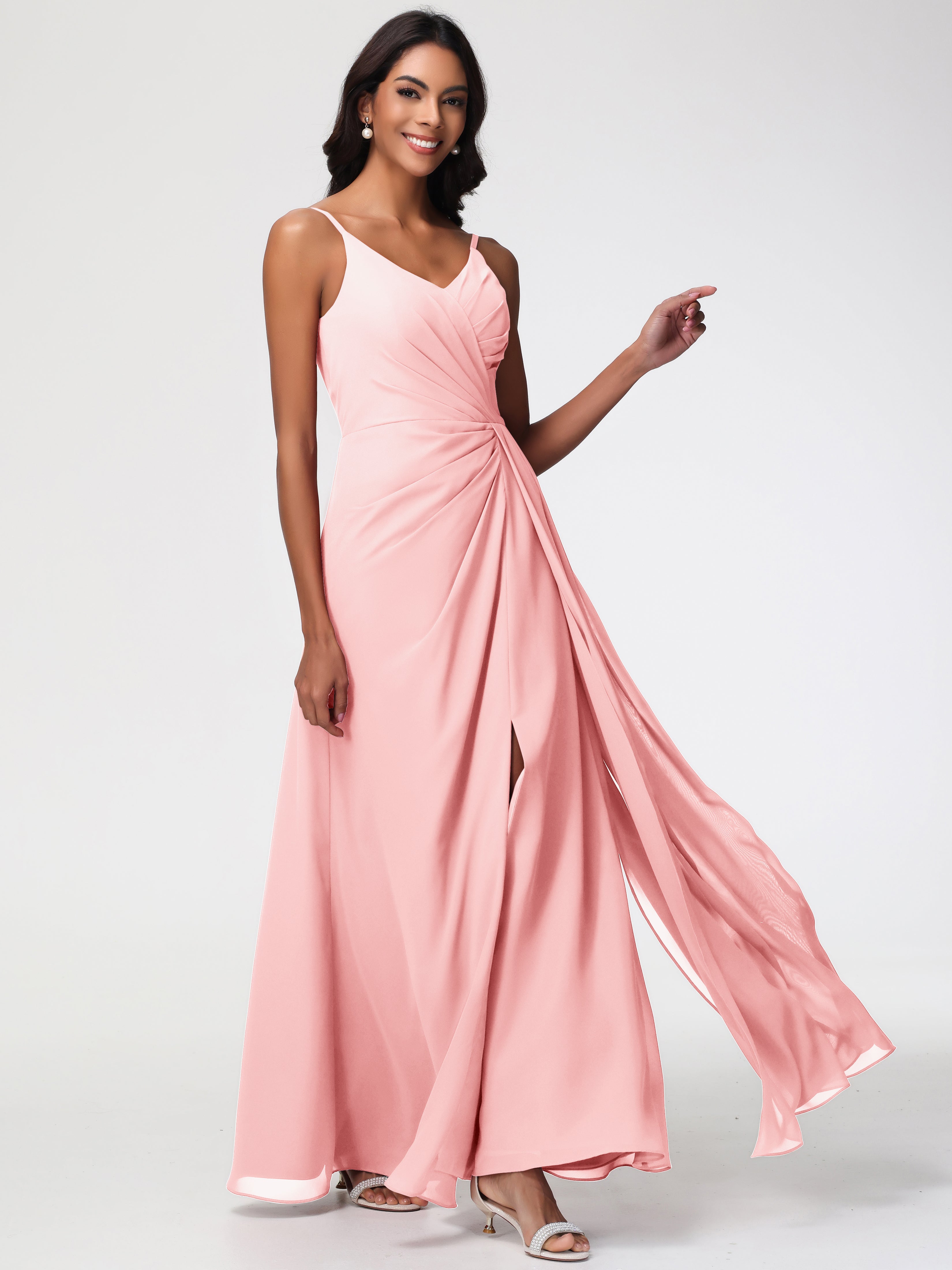 A-Line V-Neck Sleeveless Spaghetti Straps Pleats Chiffon Bridesmaid Dresses With Split