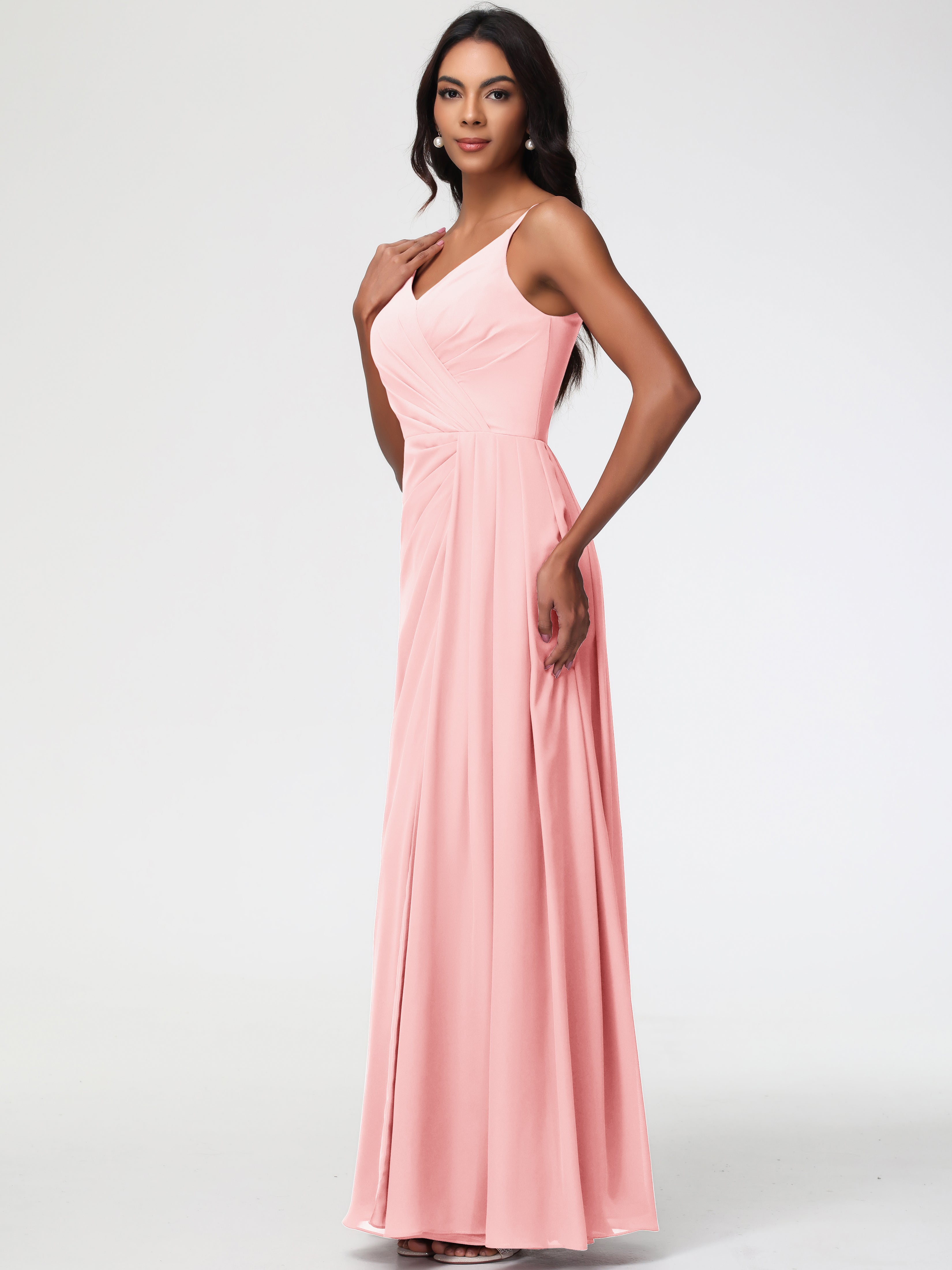 A-Line V-Neck Sleeveless Spaghetti Straps Pleats Chiffon Bridesmaid Dresses With Split