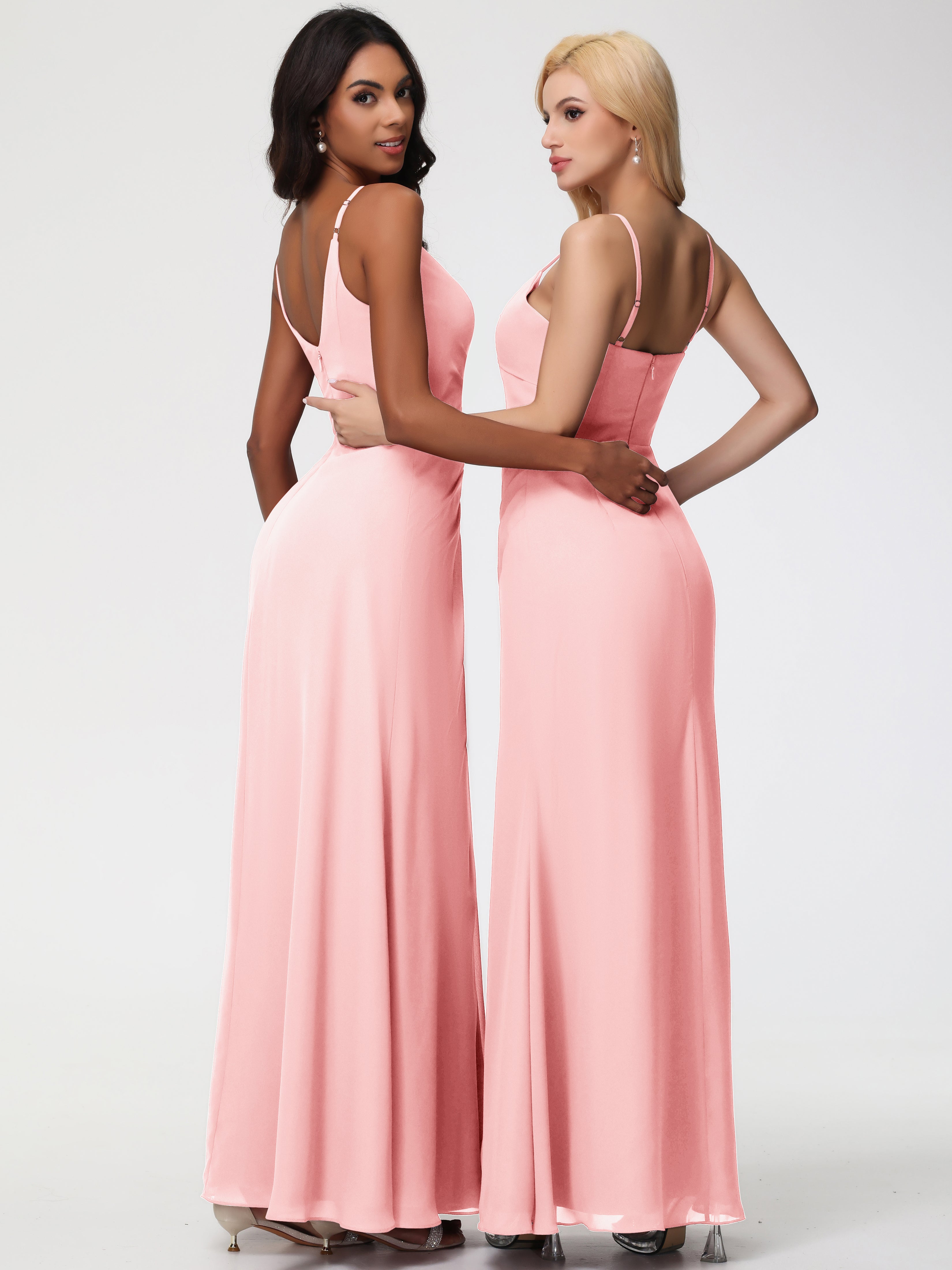 A-Line V-Neck Sleeveless Spaghetti Straps Pleats Chiffon Bridesmaid Dresses With Split