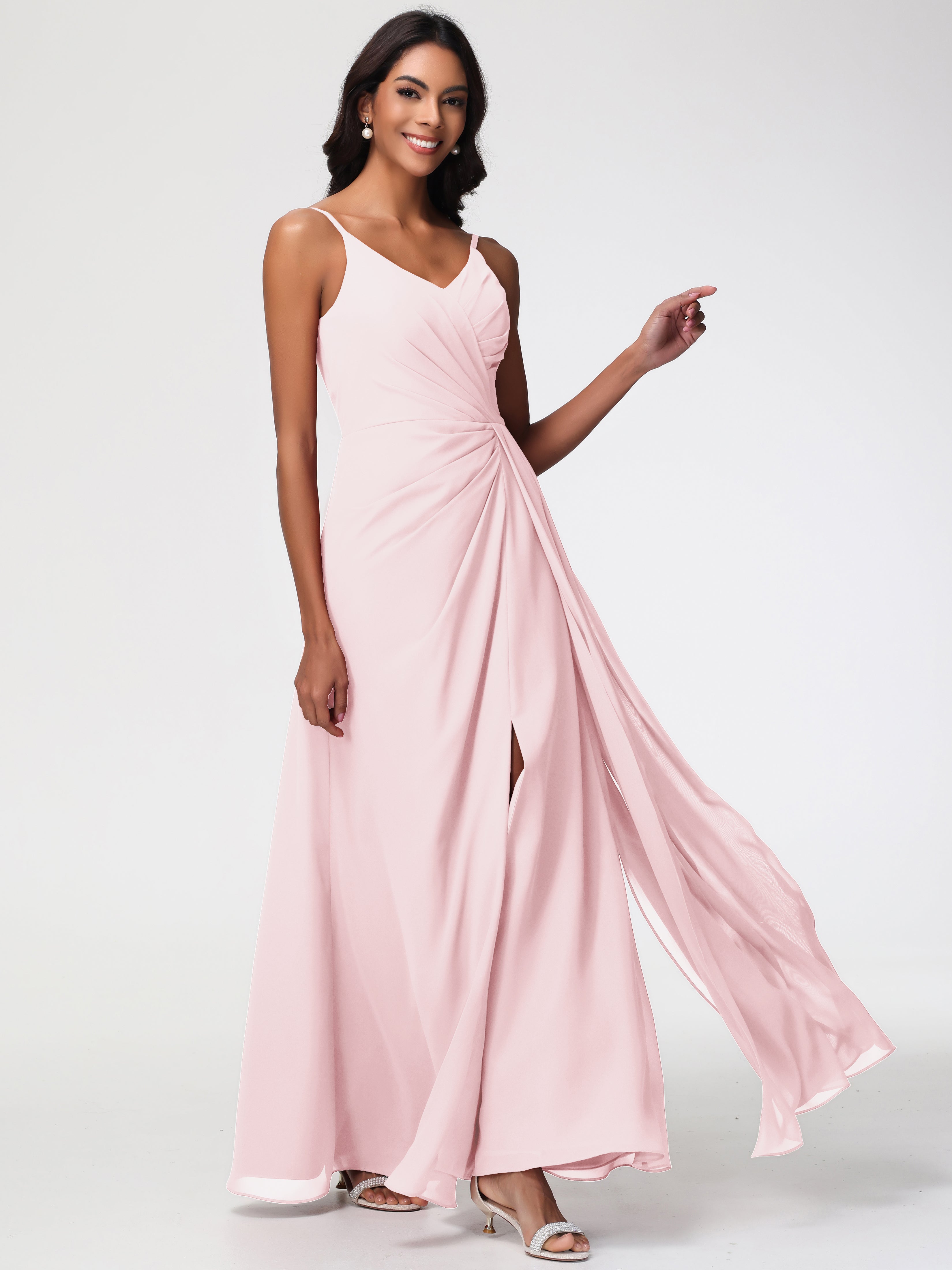 A-Line V-Neck Sleeveless Spaghetti Straps Pleats Chiffon Bridesmaid Dresses With Split