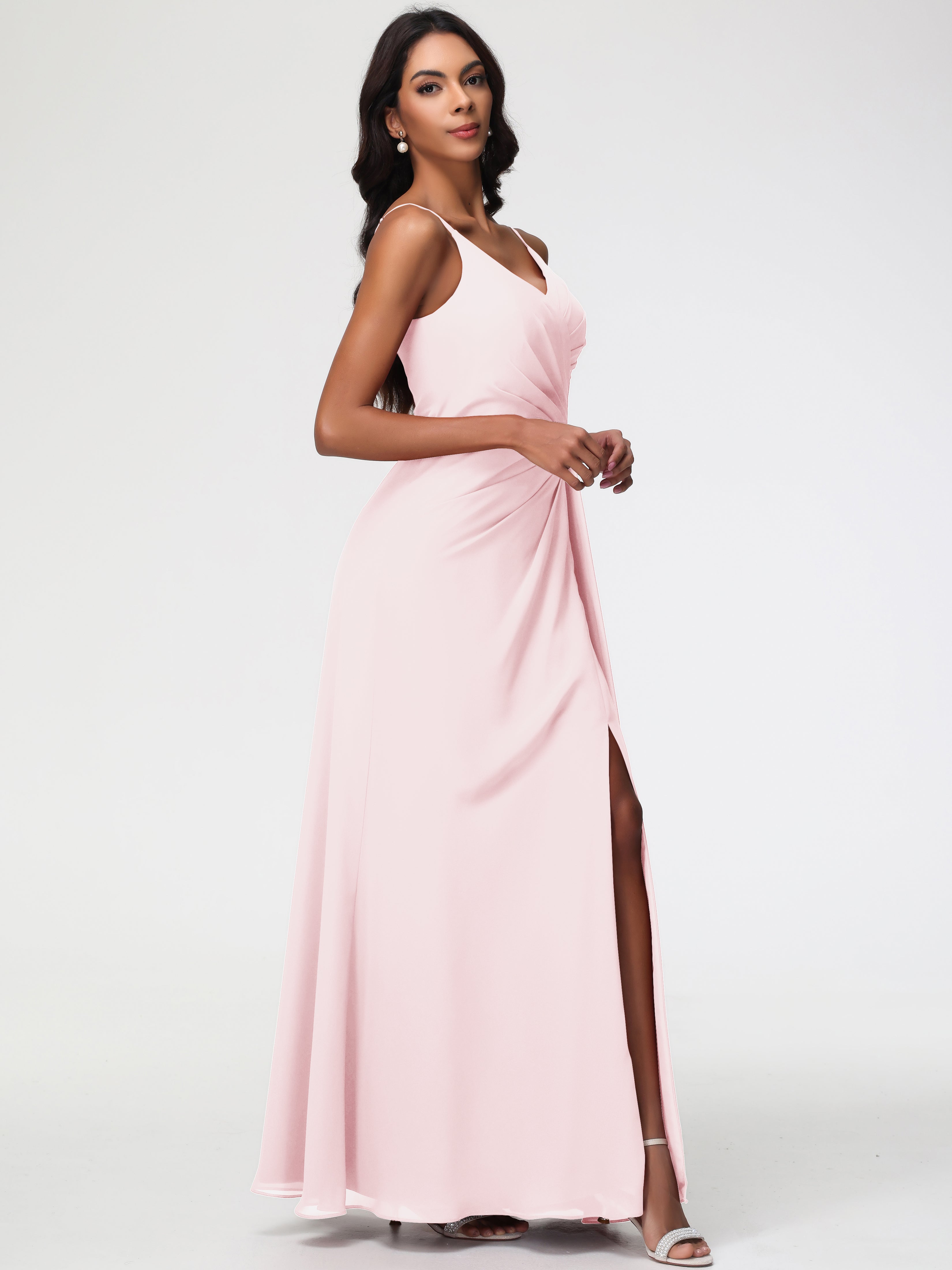 A-Line V-Neck Sleeveless Spaghetti Straps Pleats Chiffon Bridesmaid Dresses With Split