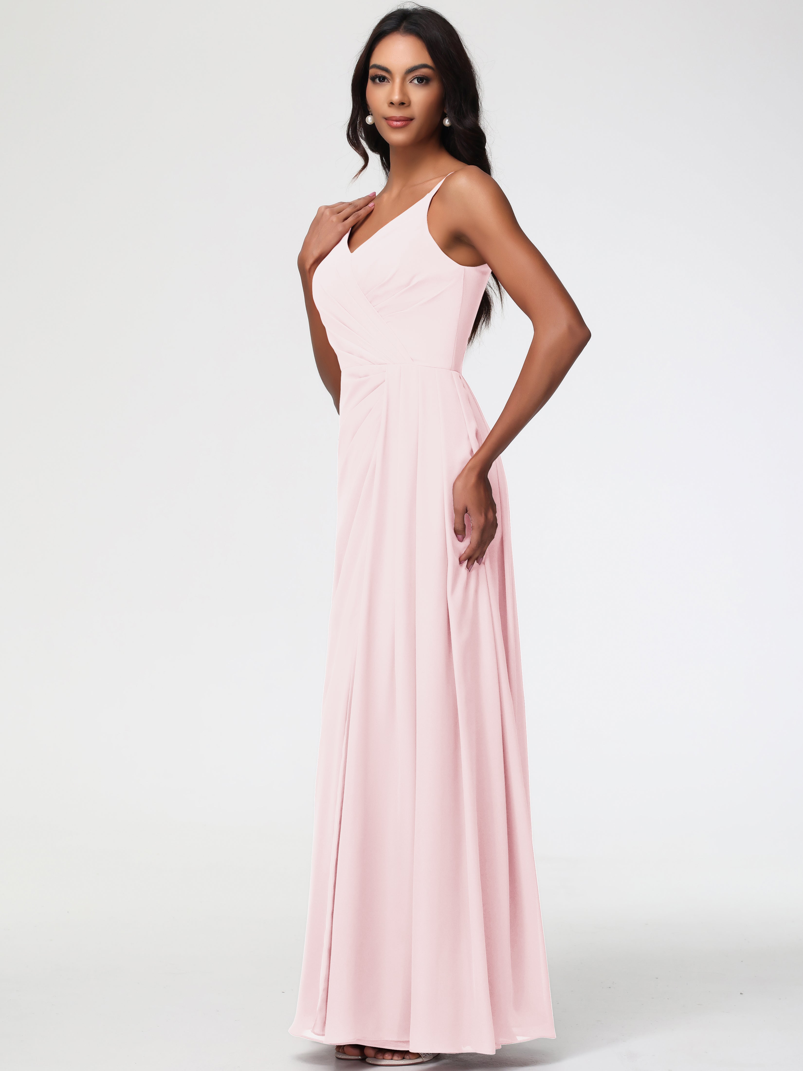 A-Line V-Neck Sleeveless Spaghetti Straps Pleats Chiffon Bridesmaid Dresses With Split