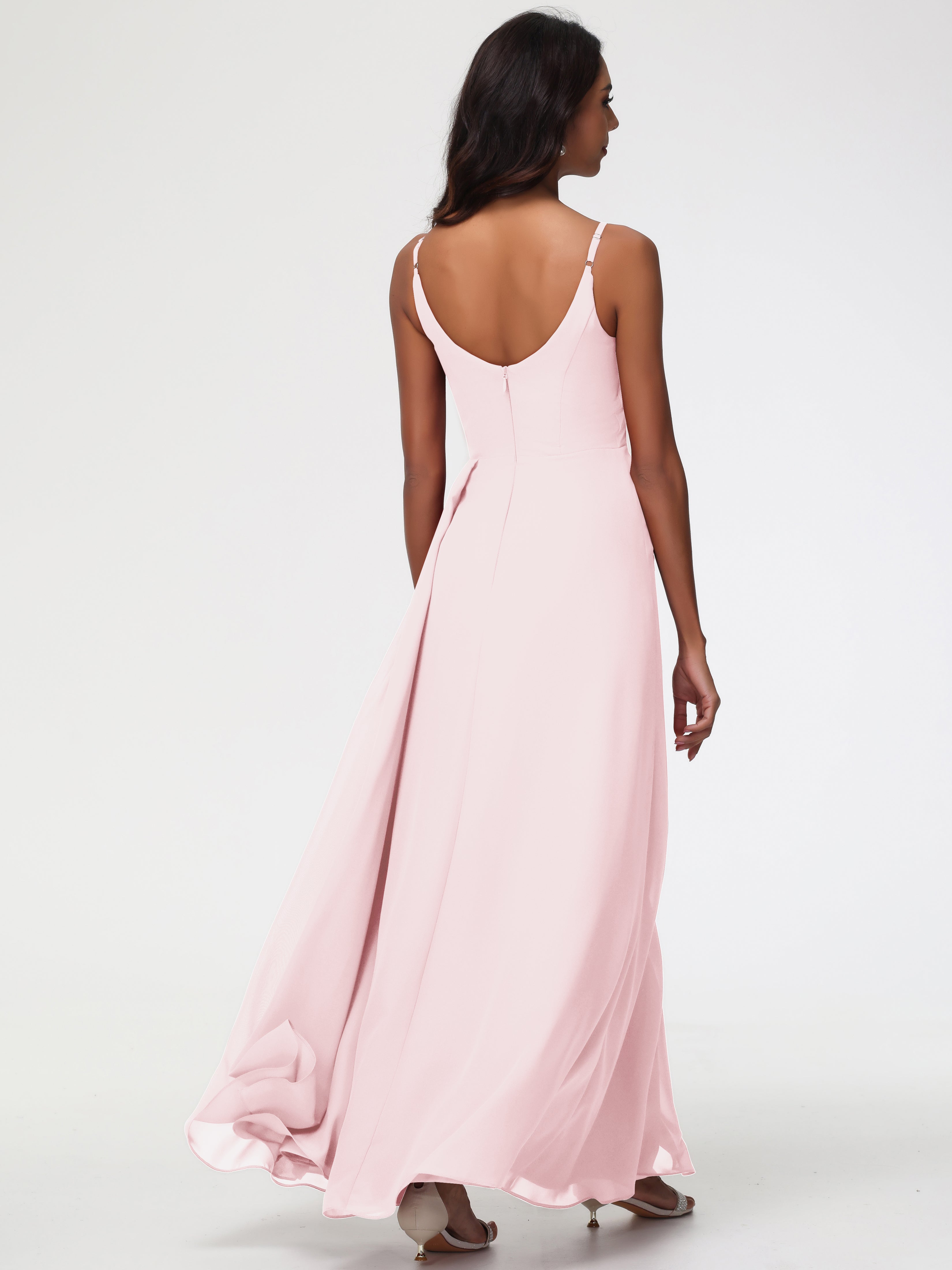 A-Line V-Neck Sleeveless Spaghetti Straps Pleats Chiffon Bridesmaid Dresses With Split