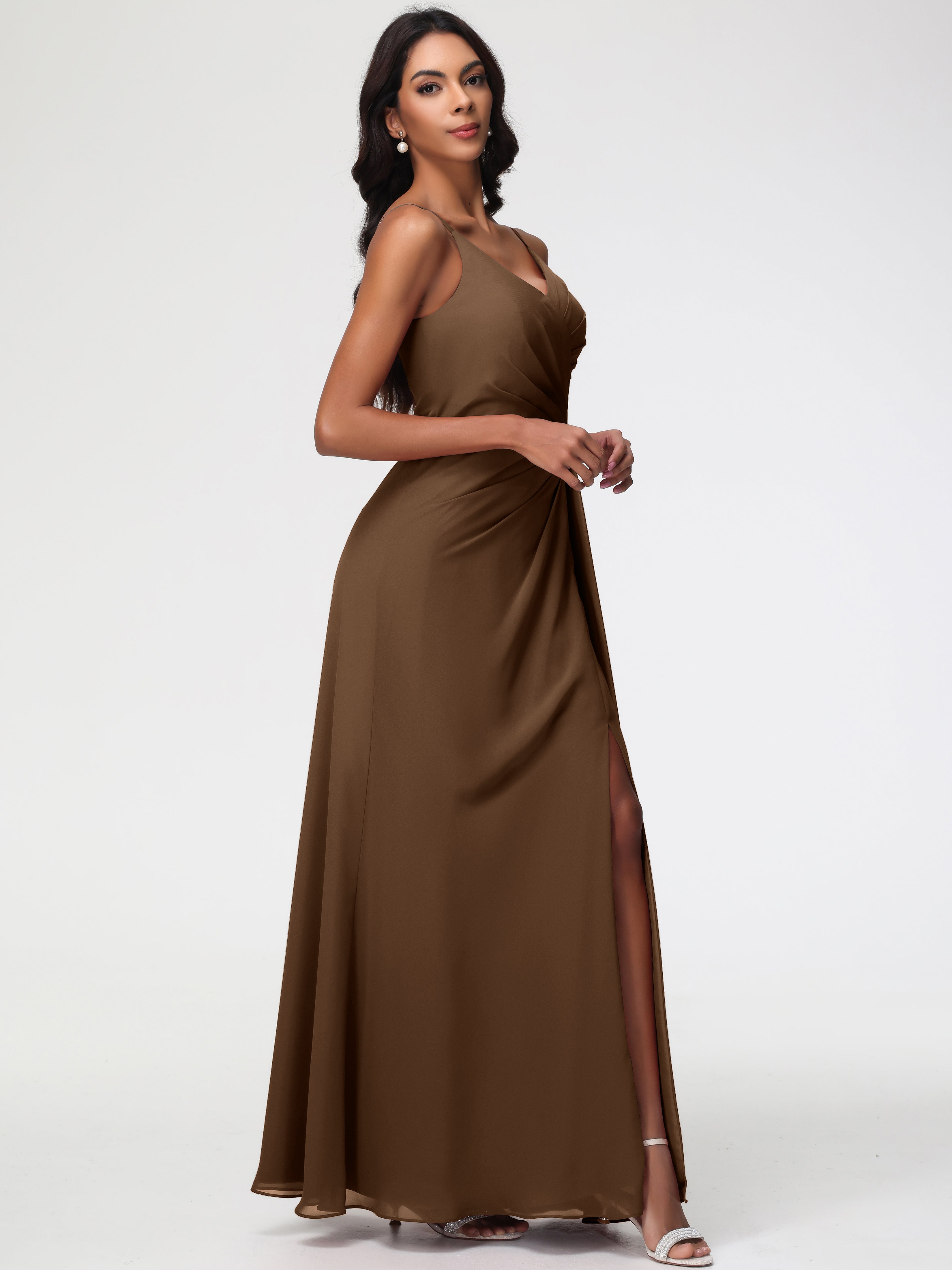 A-Line V-Neck Sleeveless Spaghetti Straps Pleats Chiffon Bridesmaid Dresses With Split