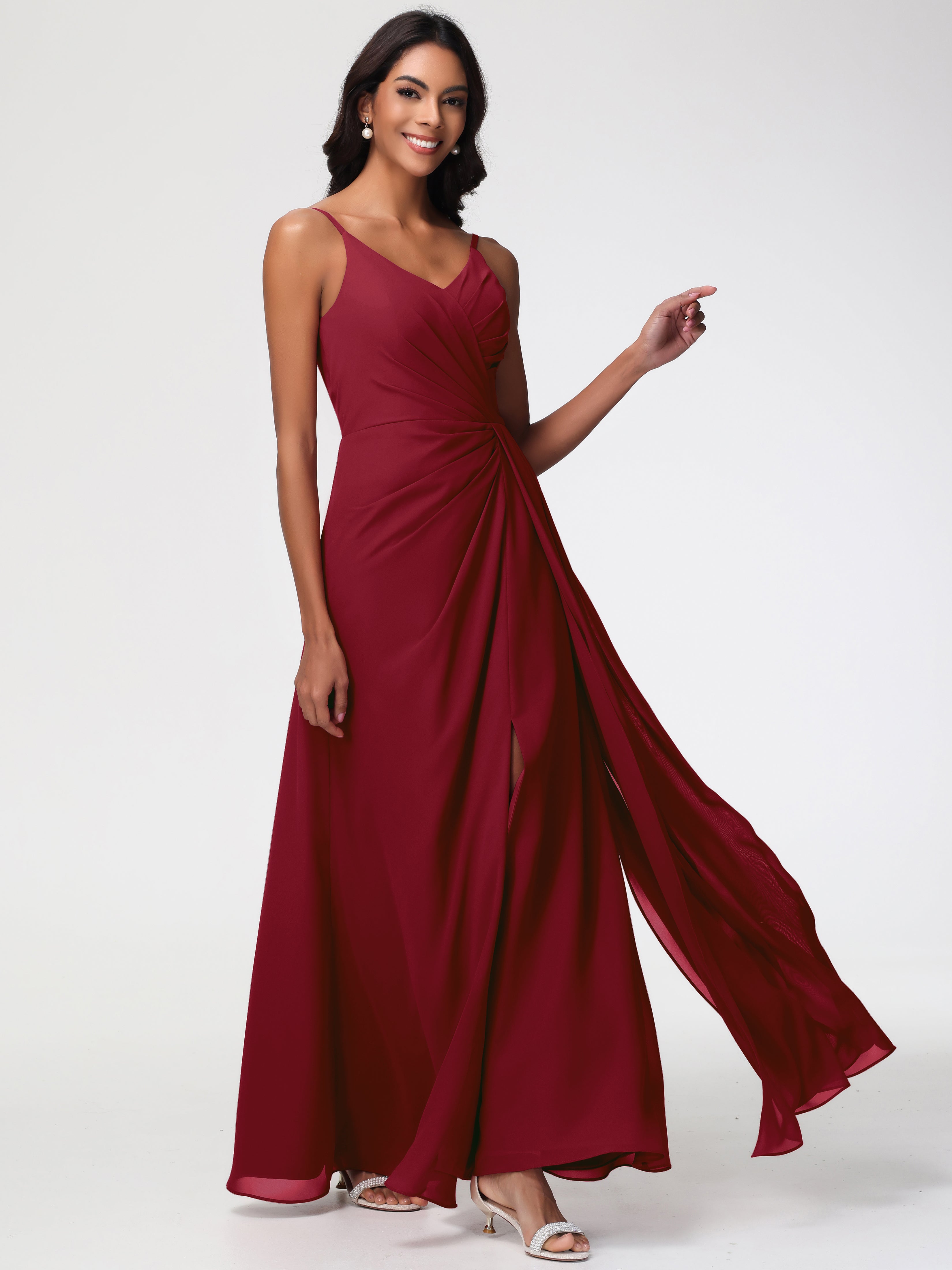 A-Line V-Neck Sleeveless Spaghetti Straps Pleats Chiffon Bridesmaid Dresses With Split