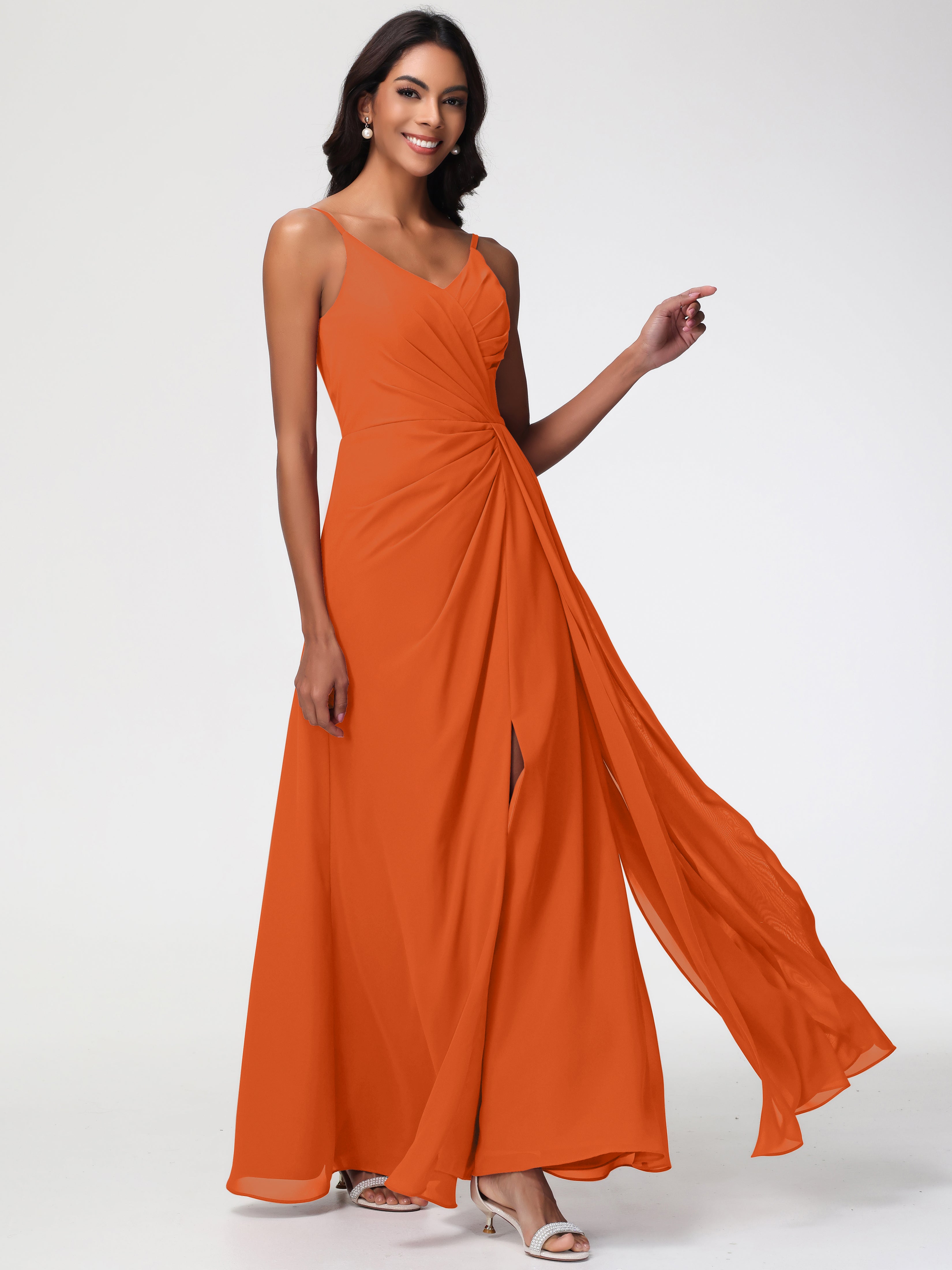 A-Line V-Neck Sleeveless Spaghetti Straps Pleats Chiffon Bridesmaid Dresses With Split