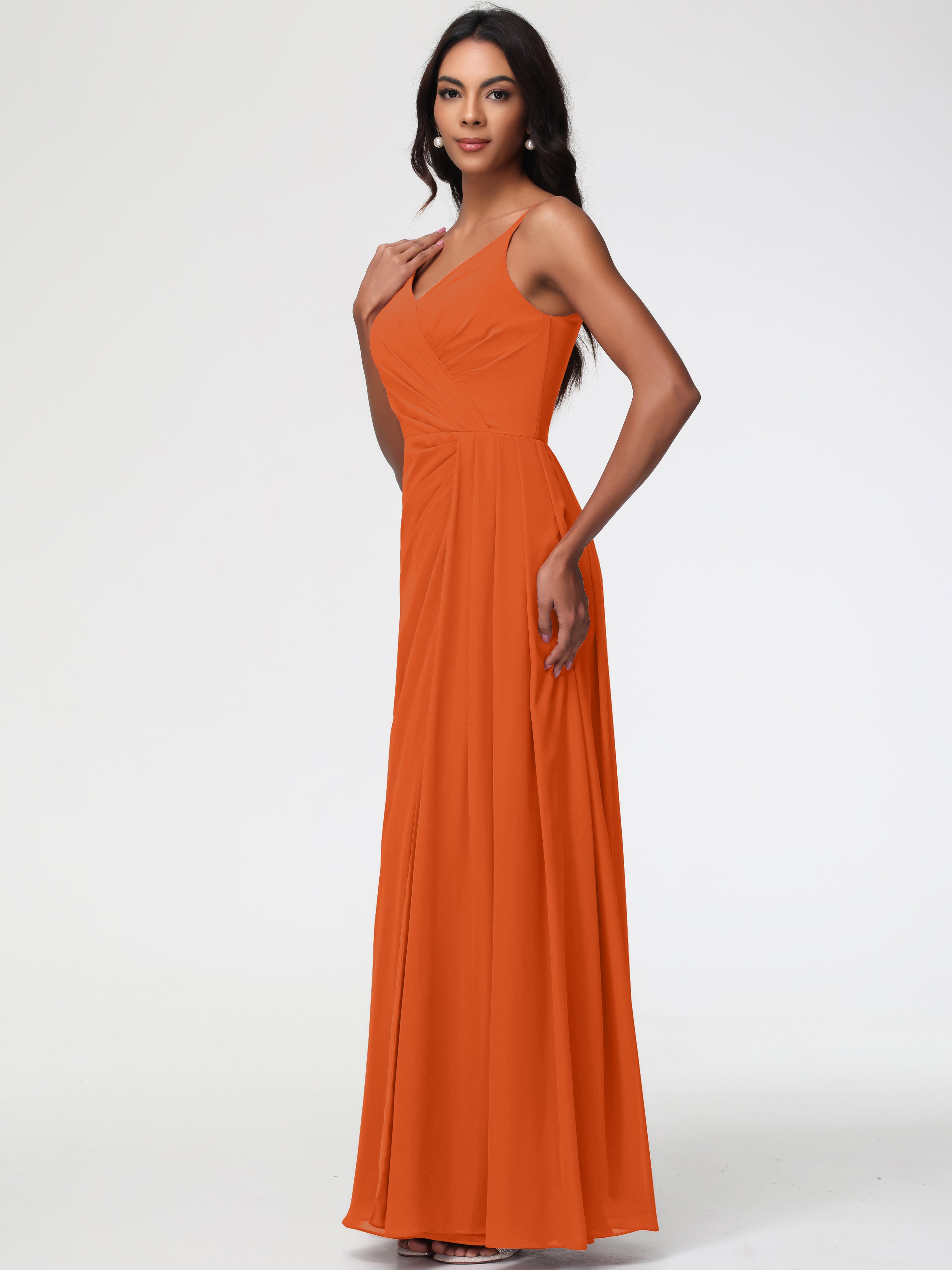 A-Line V-Neck Sleeveless Spaghetti Straps Pleats Chiffon Bridesmaid Dresses With Split