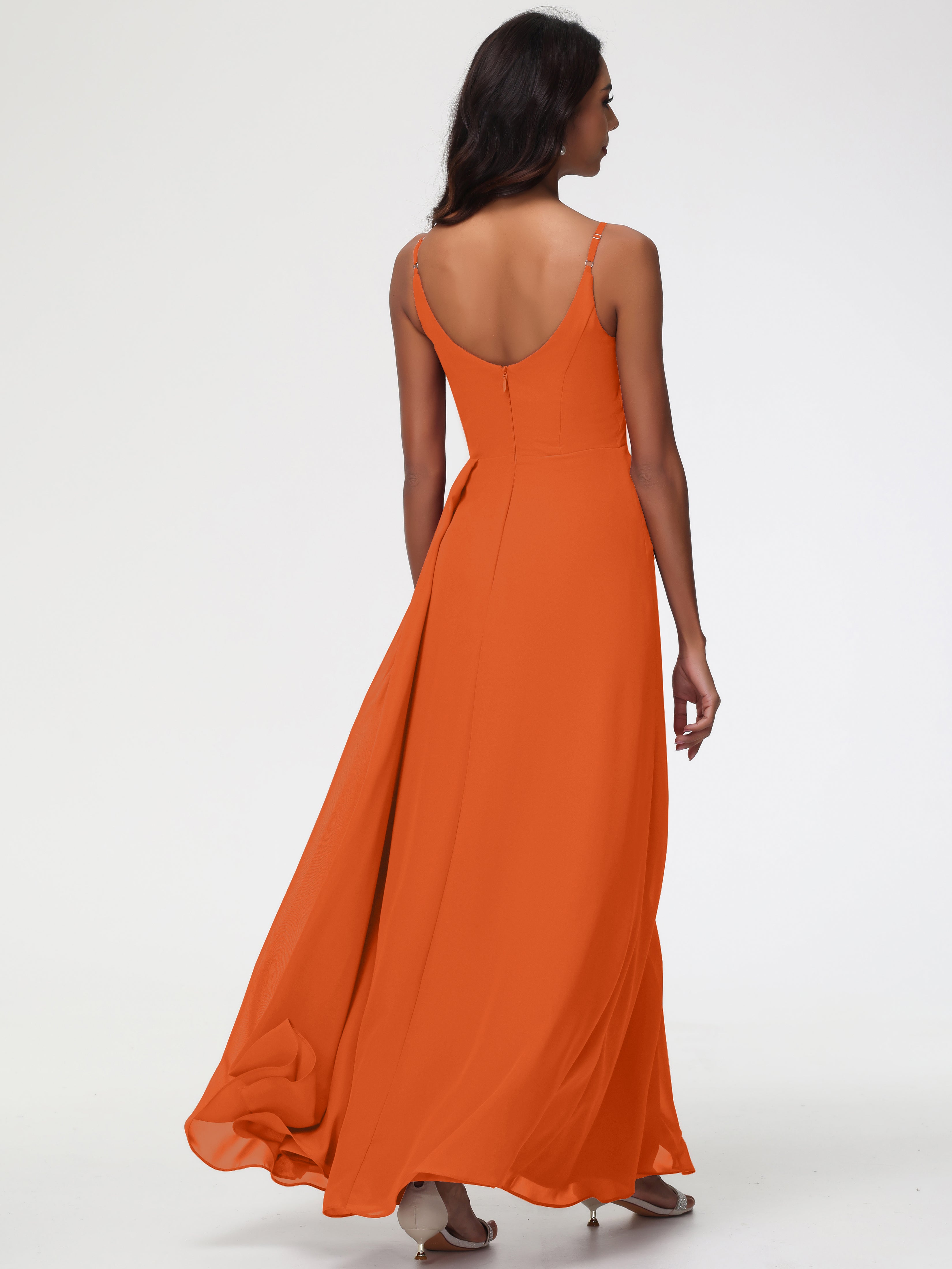 A-Line V-Neck Sleeveless Spaghetti Straps Pleats Chiffon Bridesmaid Dresses With Split