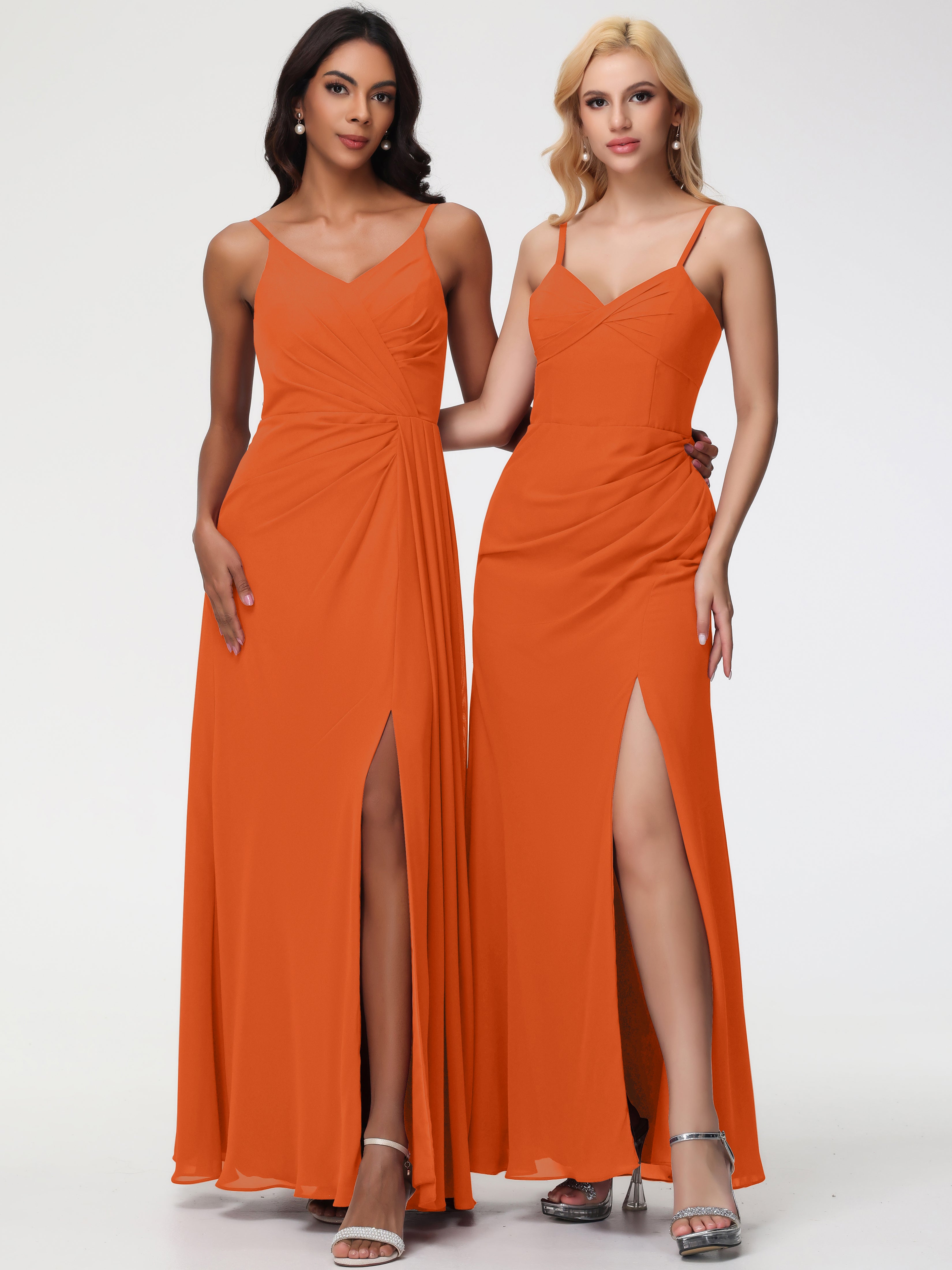 A-Line V-Neck Sleeveless Spaghetti Straps Pleats Chiffon Bridesmaid Dresses With Split