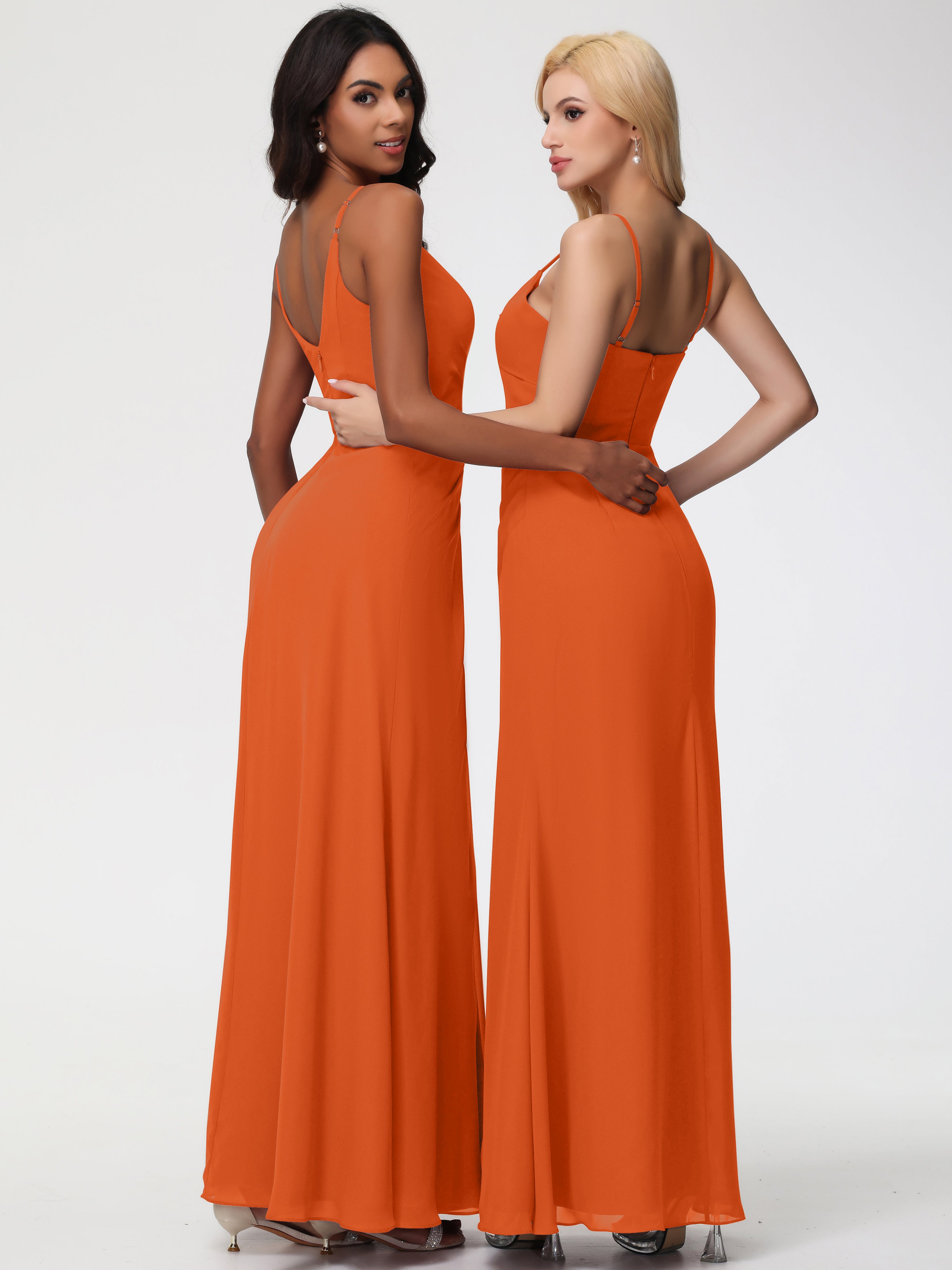 A-Line V-Neck Sleeveless Spaghetti Straps Pleats Chiffon Bridesmaid Dresses With Split