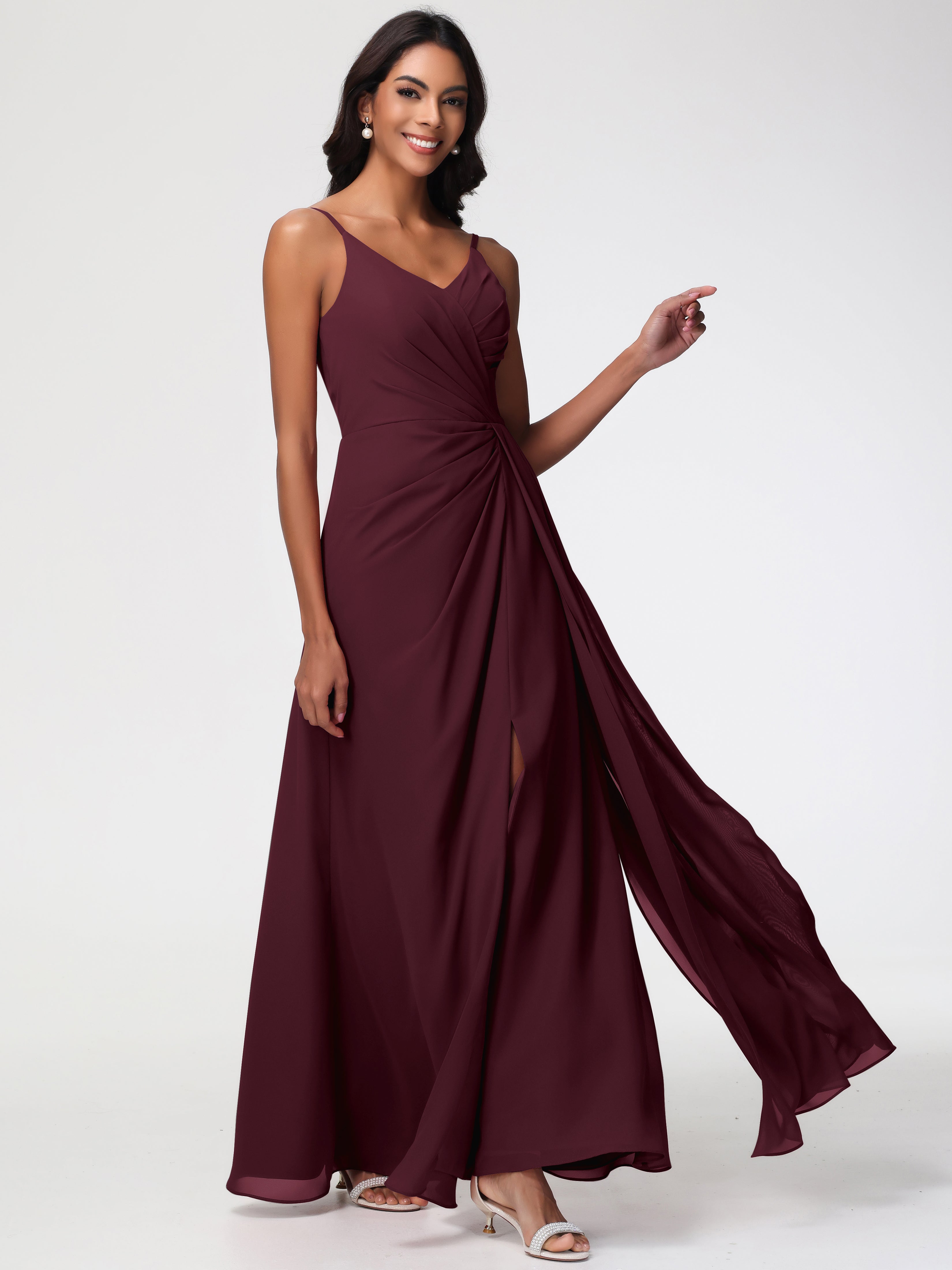 A-Line V-Neck Sleeveless Spaghetti Straps Pleats Chiffon Bridesmaid Dresses With Split