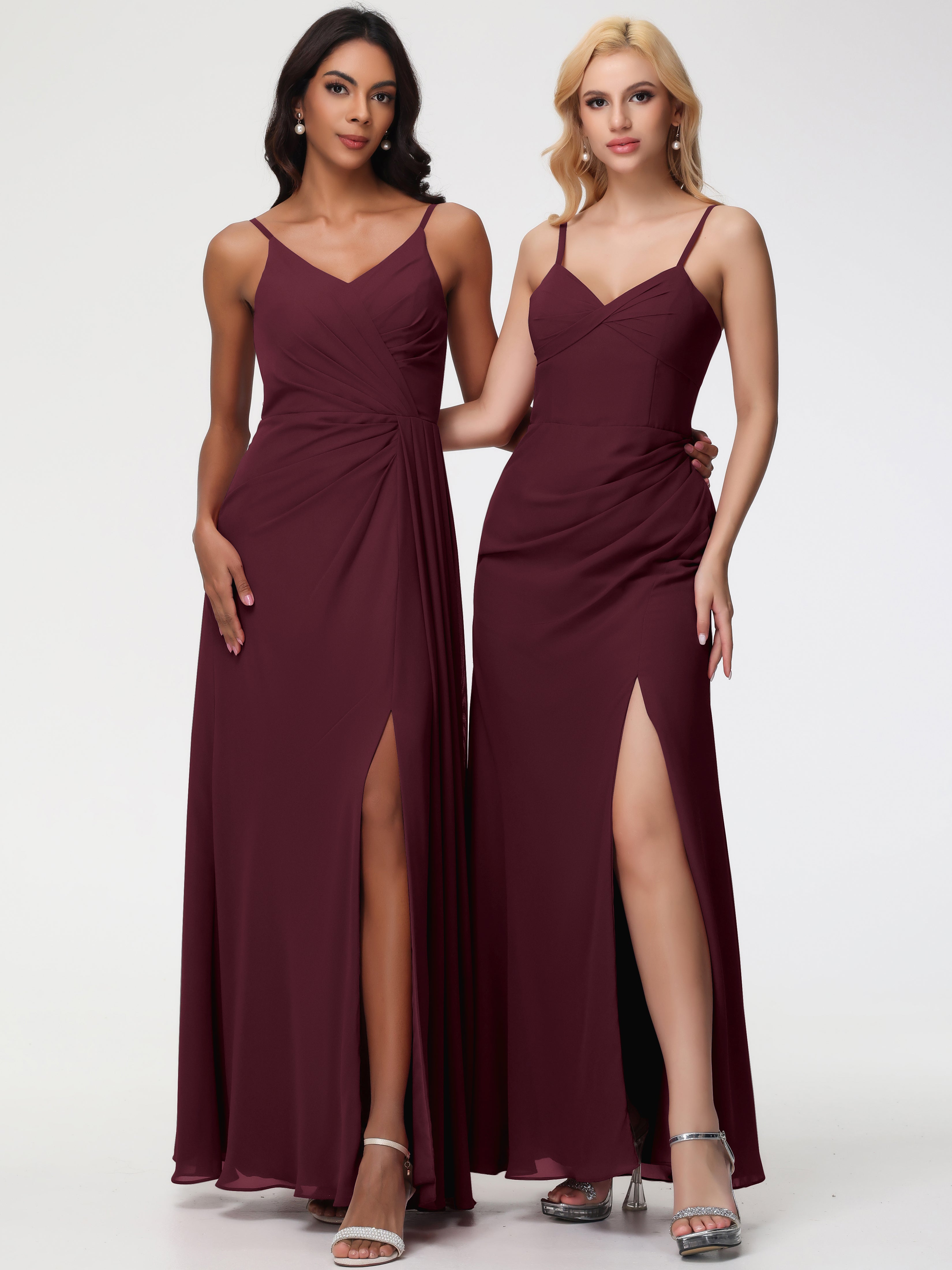 A-Line V-Neck Sleeveless Spaghetti Straps Pleats Chiffon Bridesmaid Dresses With Split