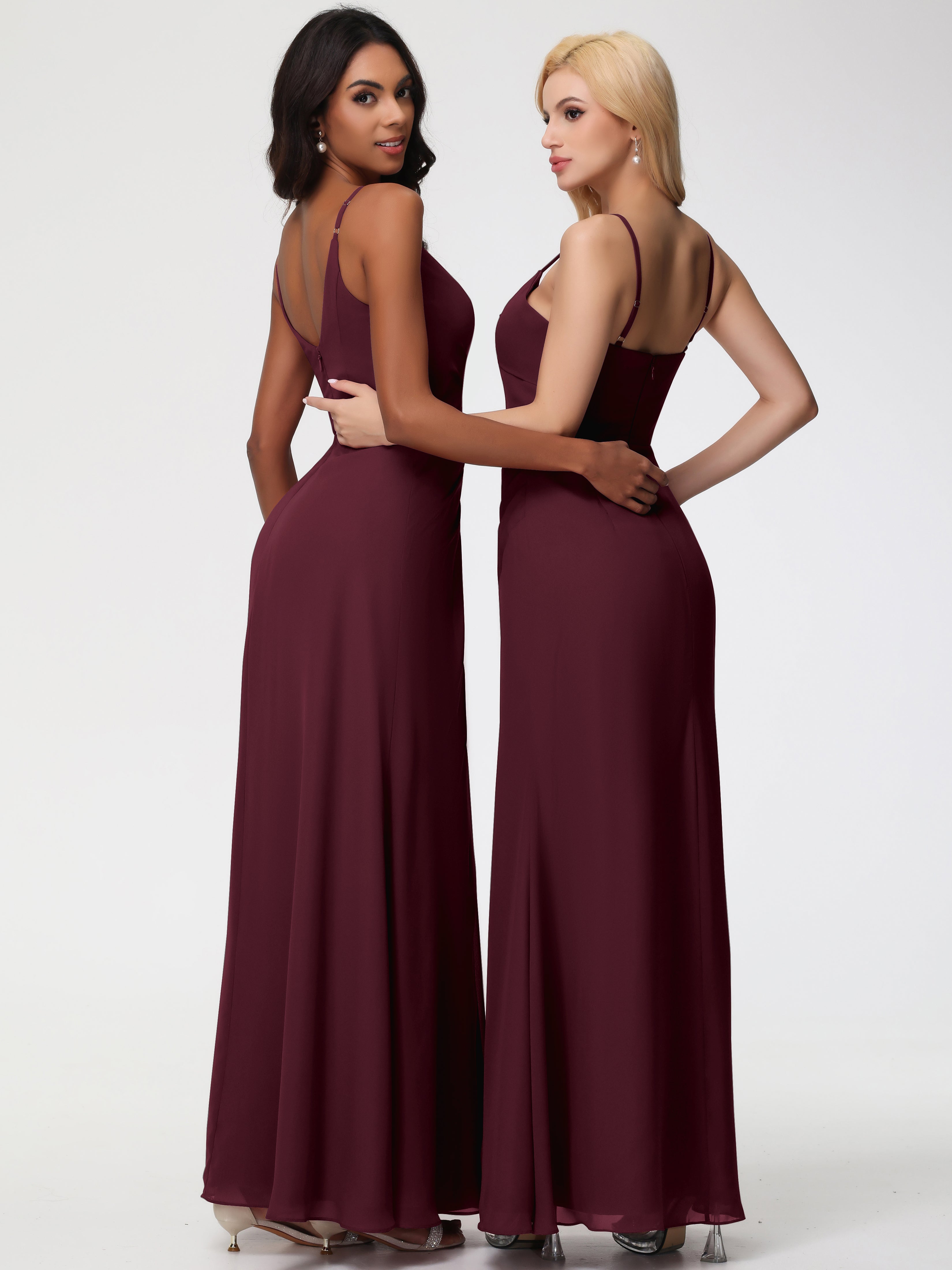 A-Line V-Neck Sleeveless Spaghetti Straps Pleats Chiffon Bridesmaid Dresses With Split