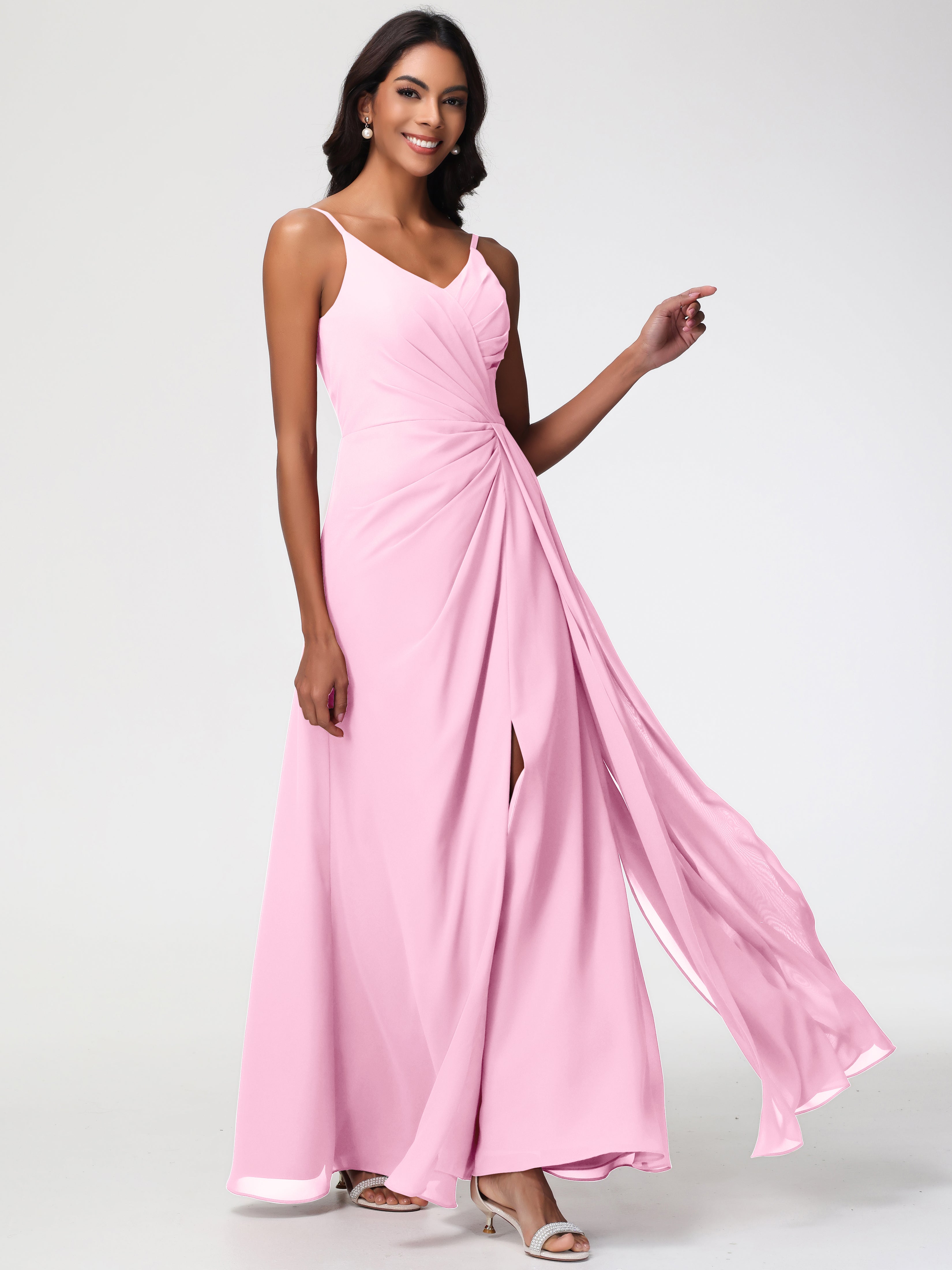 A-Line V-Neck Sleeveless Spaghetti Straps Pleats Chiffon Bridesmaid Dresses With Split