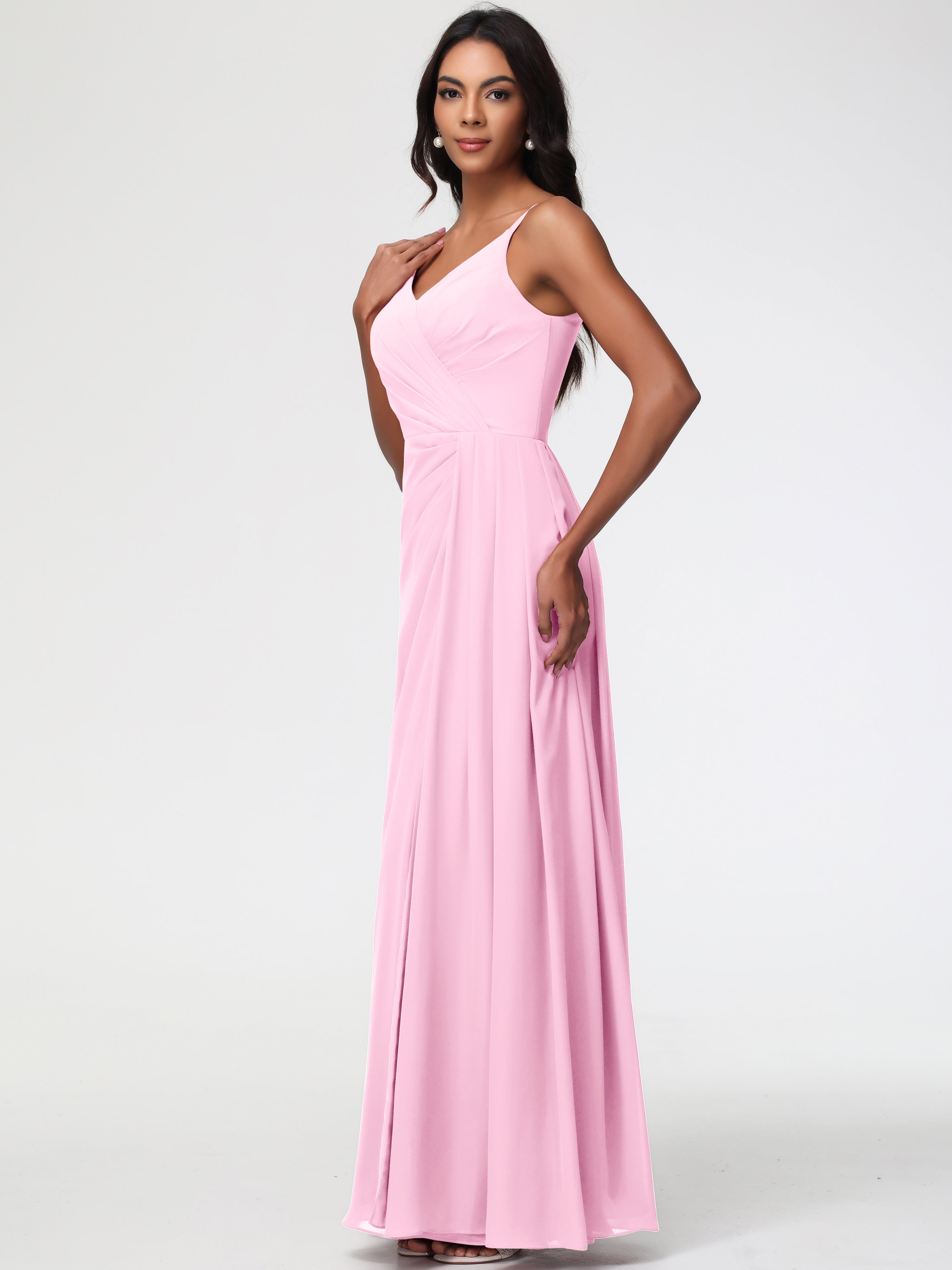 A-Line V-Neck Sleeveless Spaghetti Straps Pleats Chiffon Bridesmaid Dresses With Split