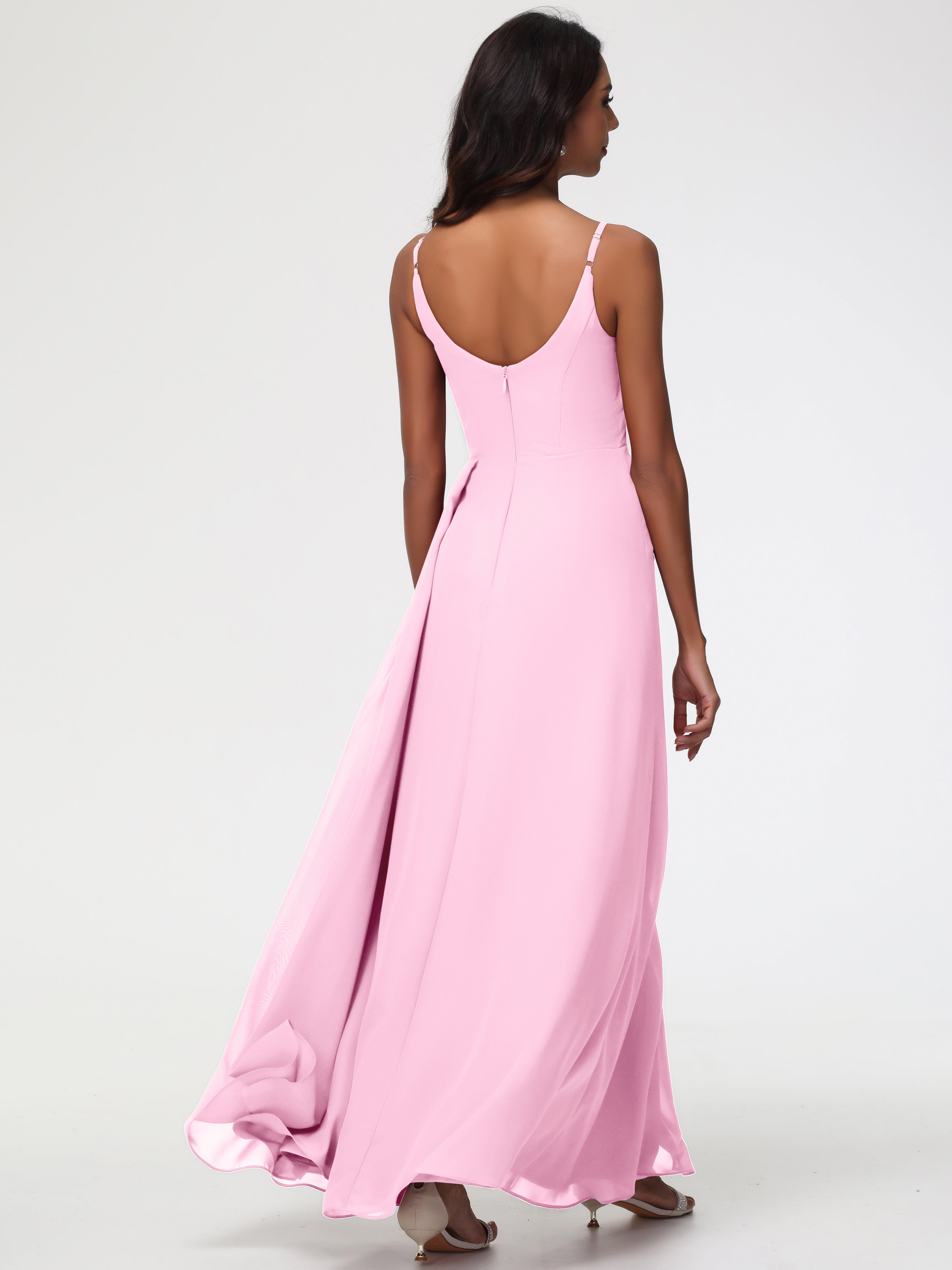 A-Line V-Neck Sleeveless Spaghetti Straps Pleats Chiffon Bridesmaid Dresses With Split