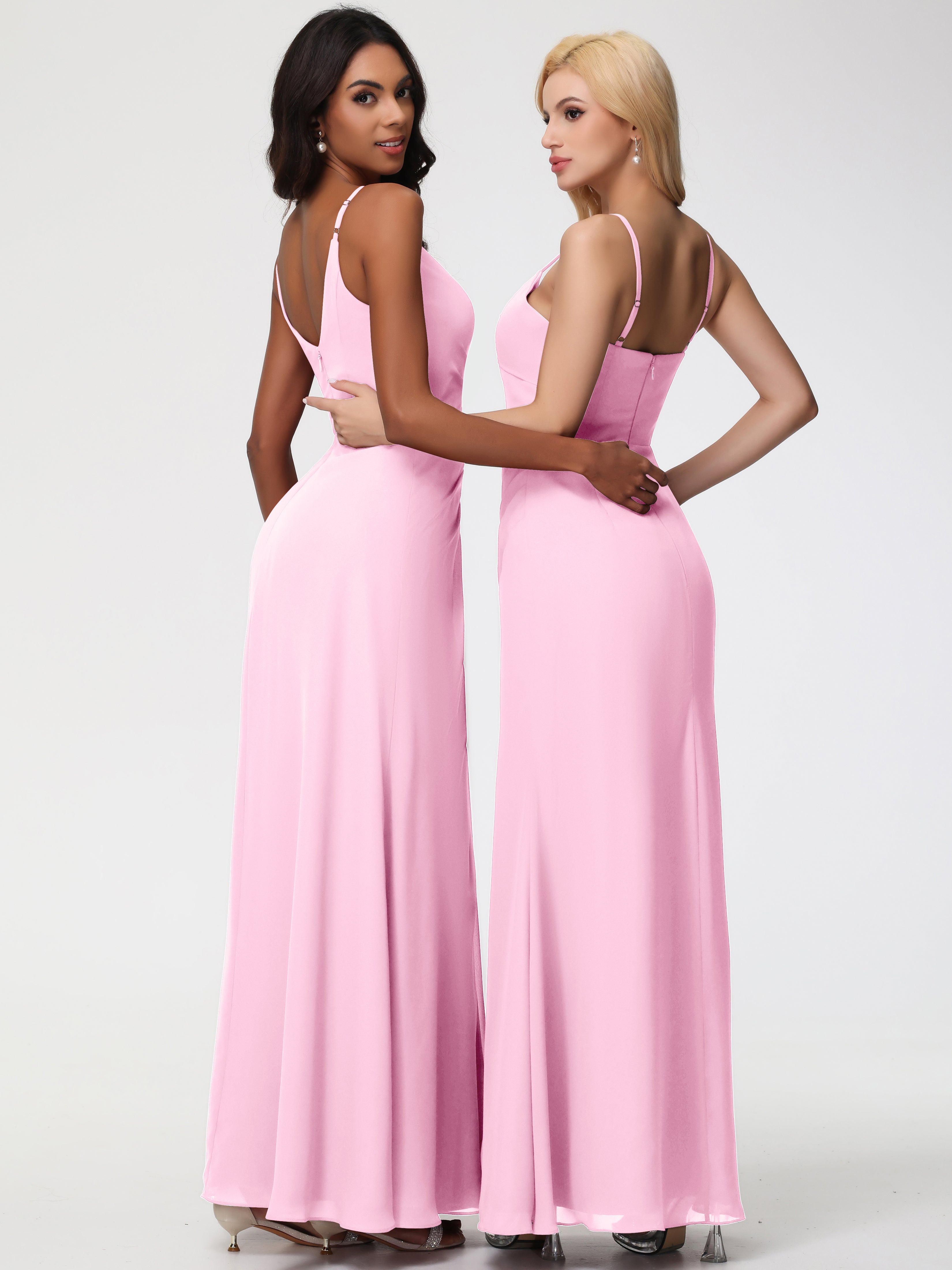 A-Line V-Neck Sleeveless Spaghetti Straps Pleats Chiffon Bridesmaid Dresses With Split