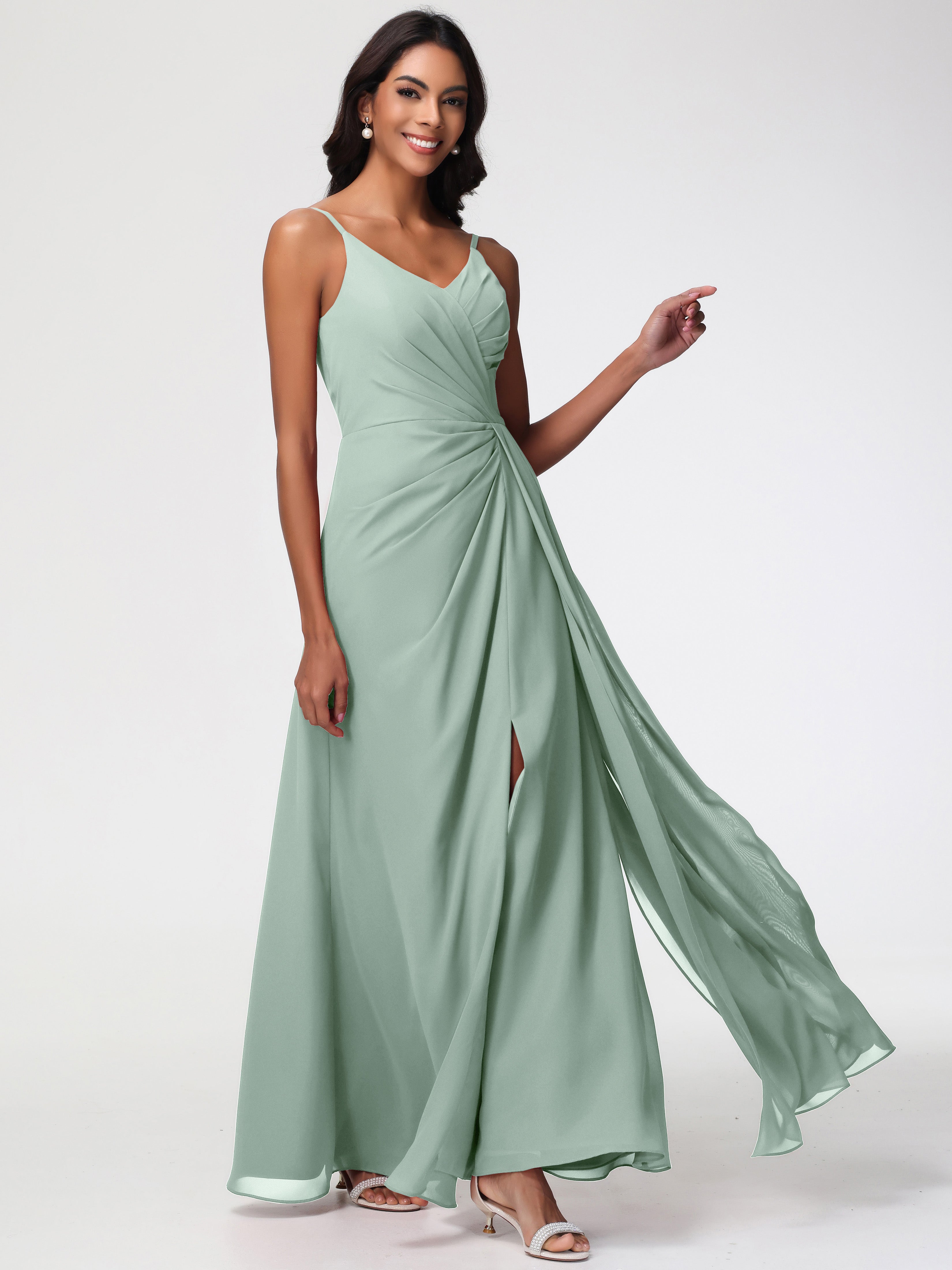 A-Line V-Neck Sleeveless Spaghetti Straps Pleats Chiffon Bridesmaid Dresses With Split