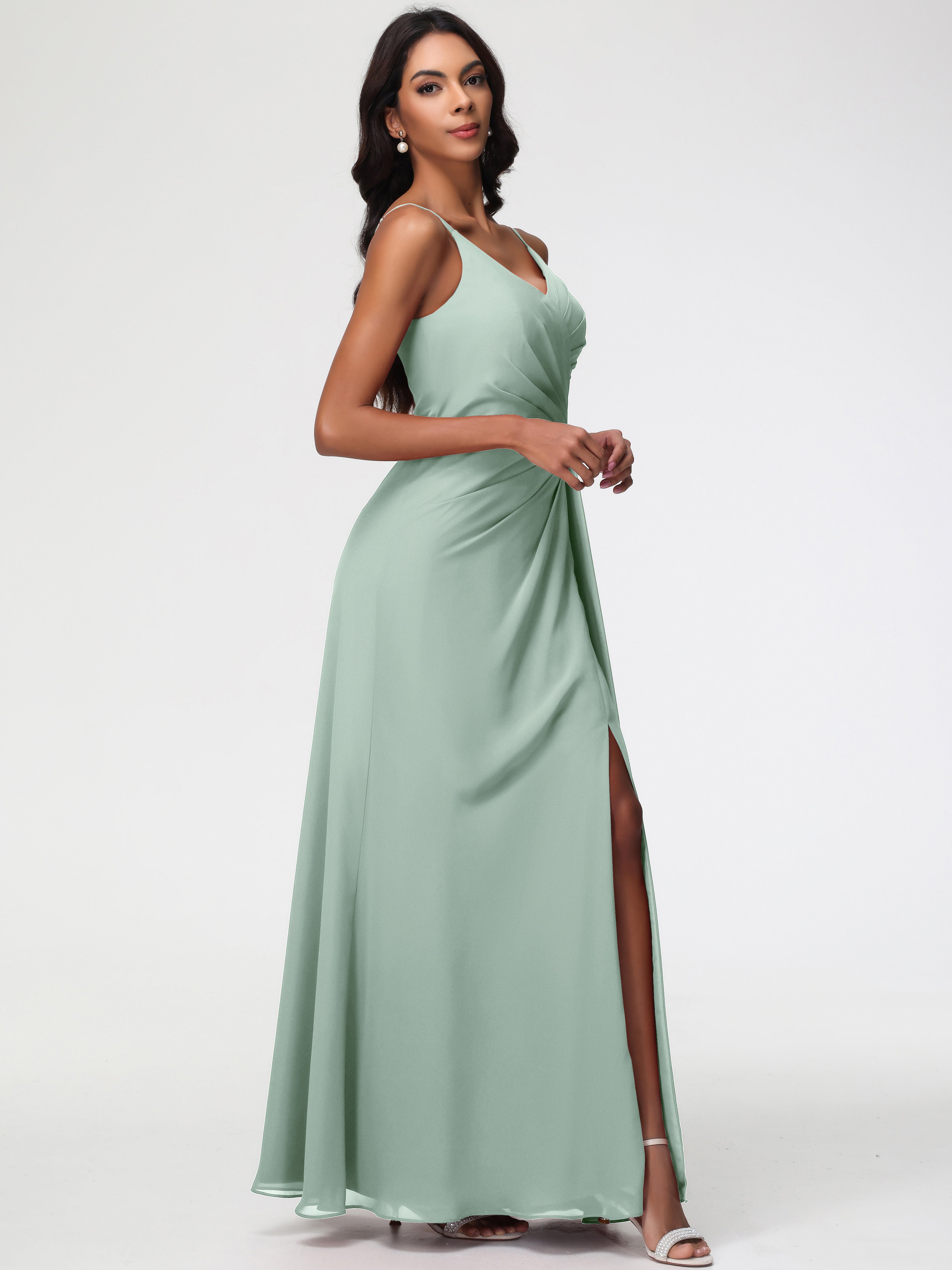 A-Line V-Neck Sleeveless Spaghetti Straps Pleats Chiffon Bridesmaid Dresses With Split