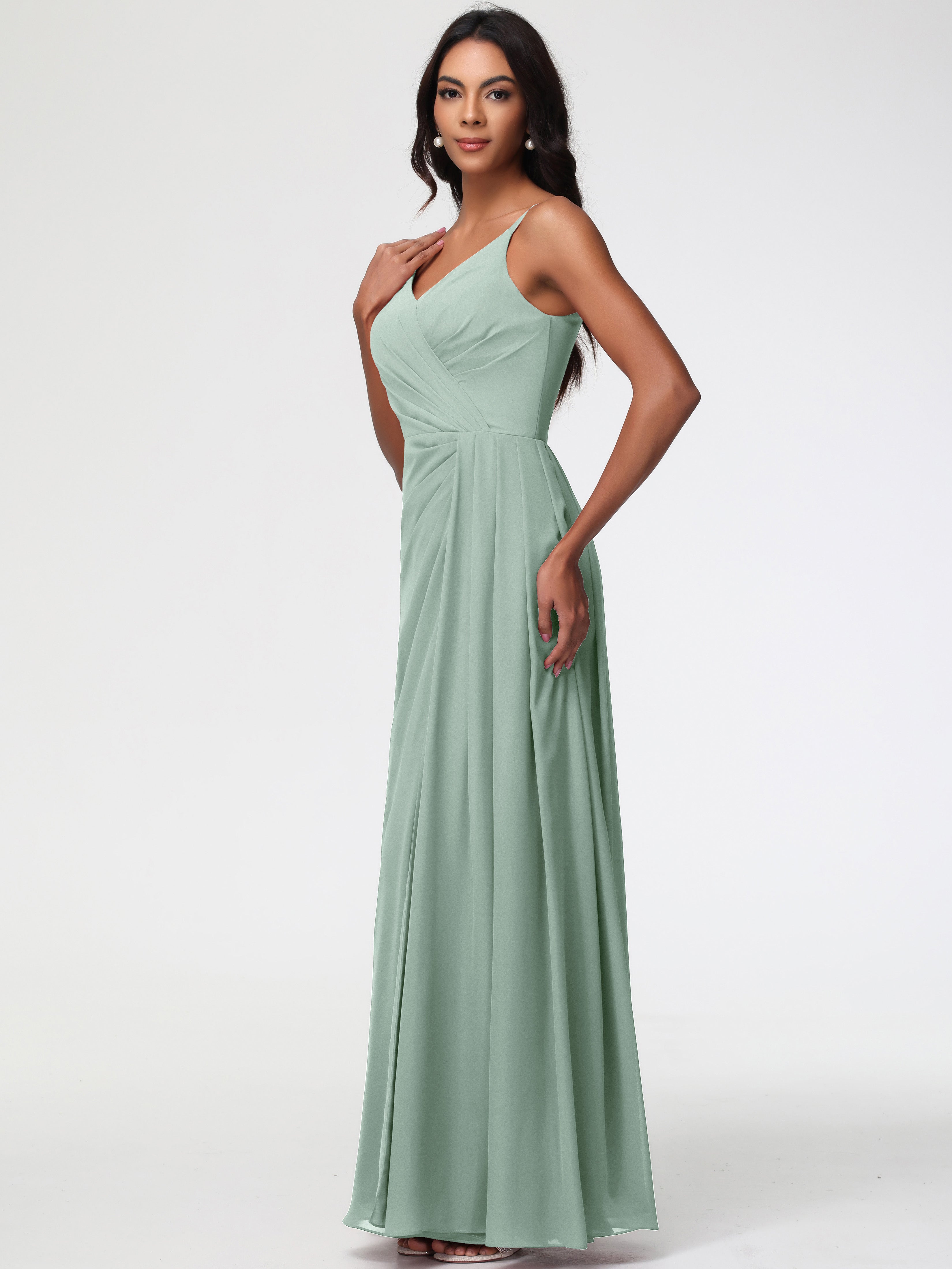 A-Line V-Neck Sleeveless Spaghetti Straps Pleats Chiffon Bridesmaid Dresses With Split
