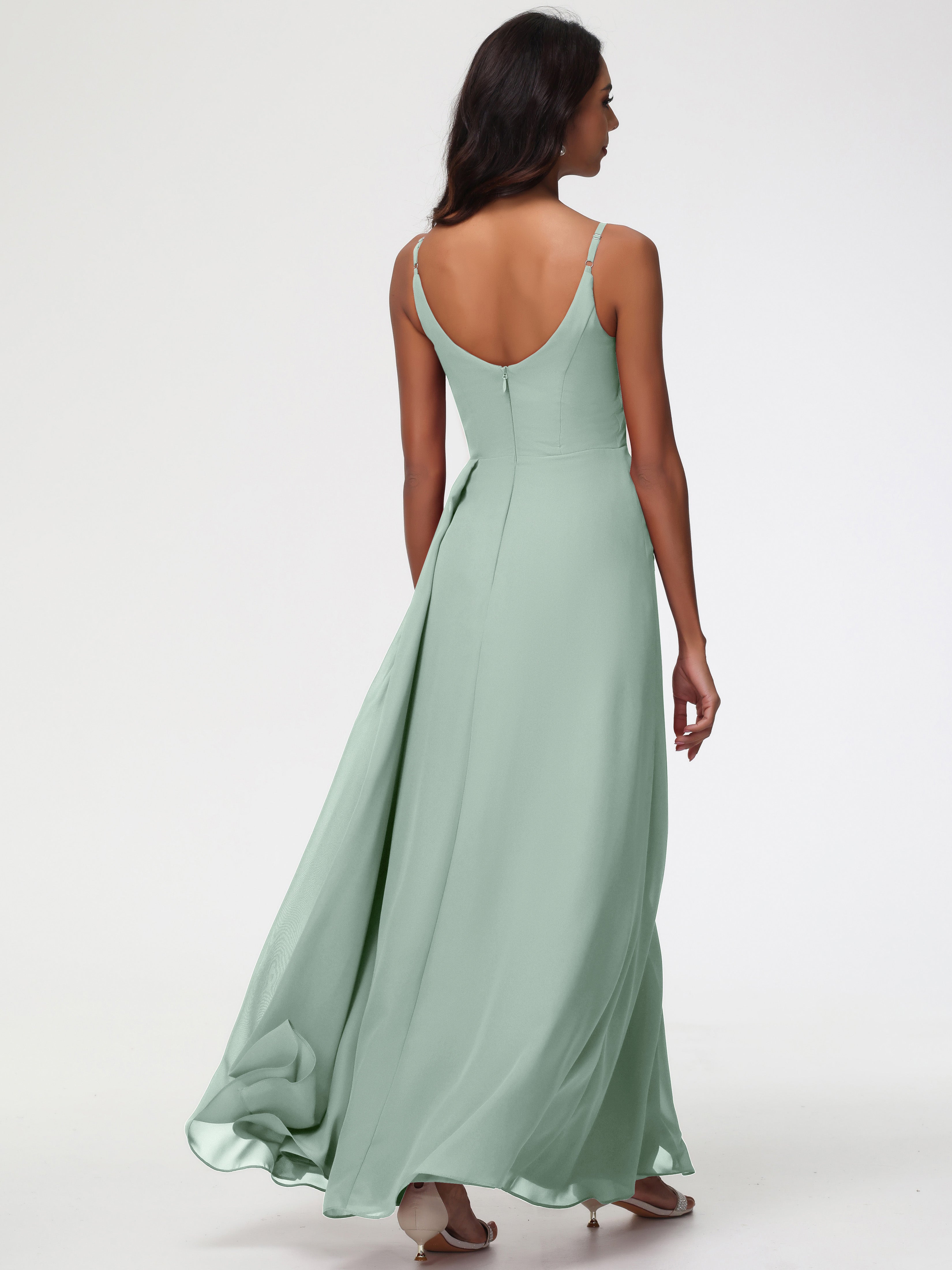 A-Line V-Neck Sleeveless Spaghetti Straps Pleats Chiffon Bridesmaid Dresses With Split