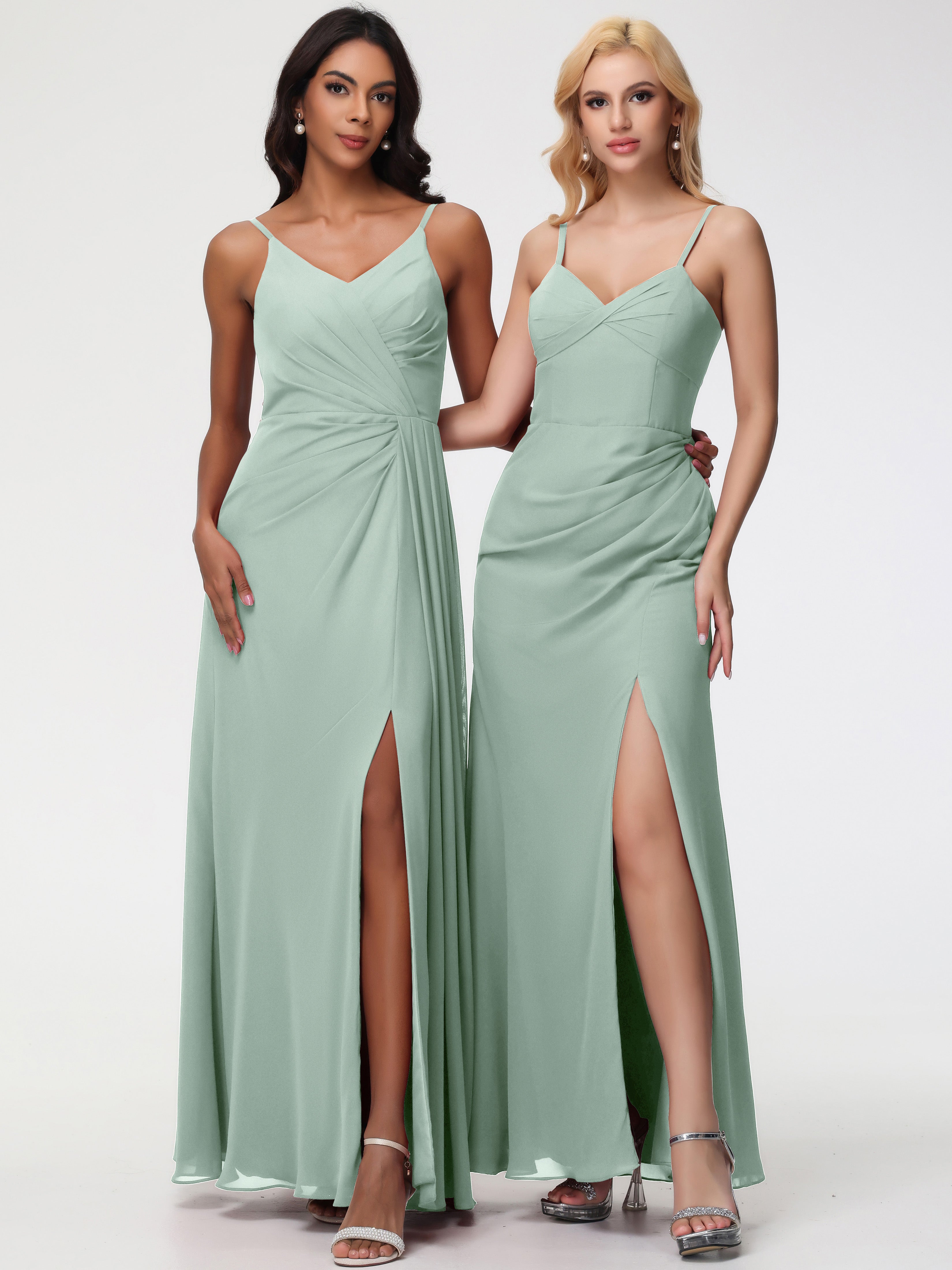 A-Line V-Neck Sleeveless Spaghetti Straps Pleats Chiffon Bridesmaid Dresses With Split