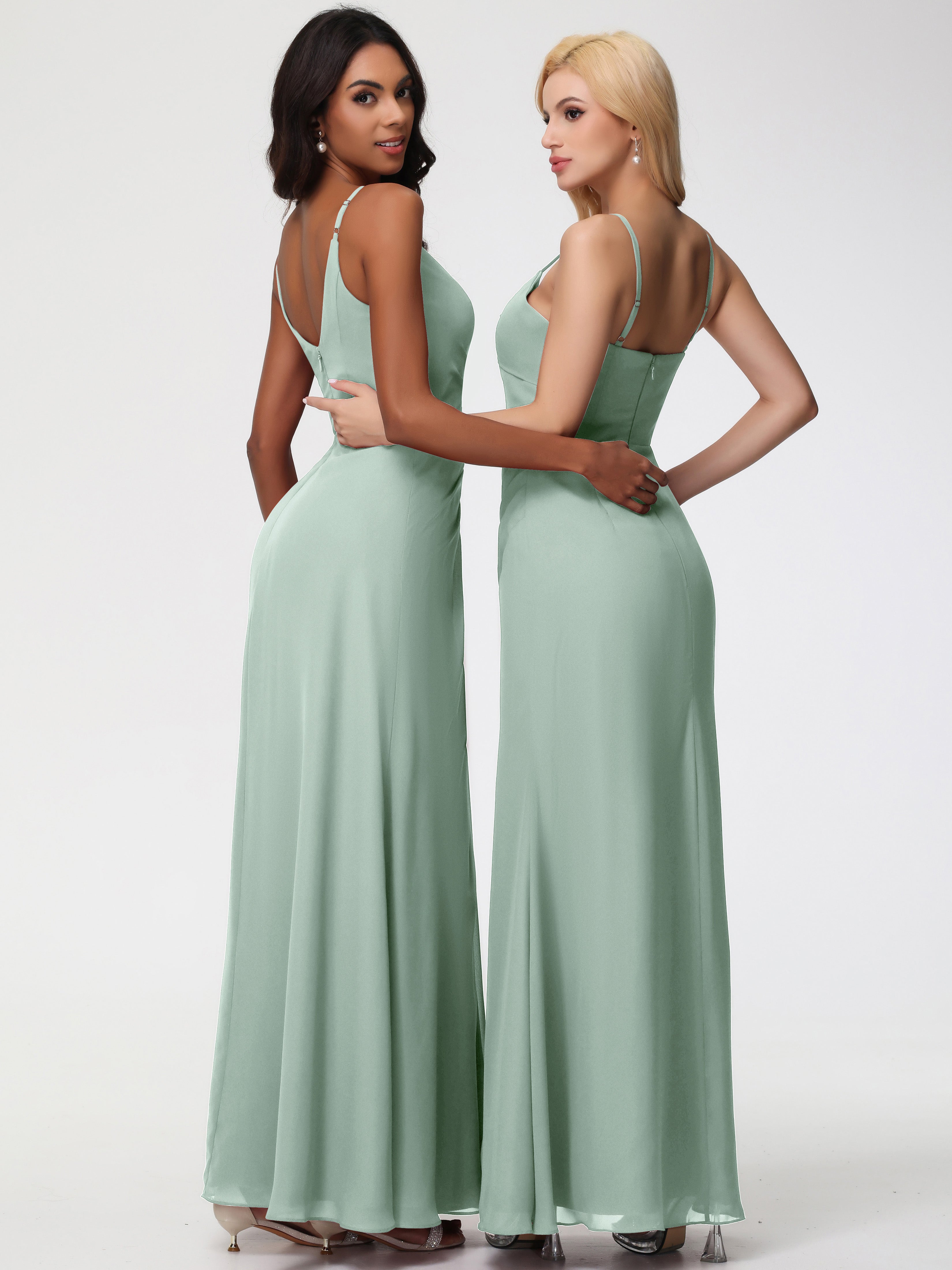 A-Line V-Neck Sleeveless Spaghetti Straps Pleats Chiffon Bridesmaid Dresses With Split