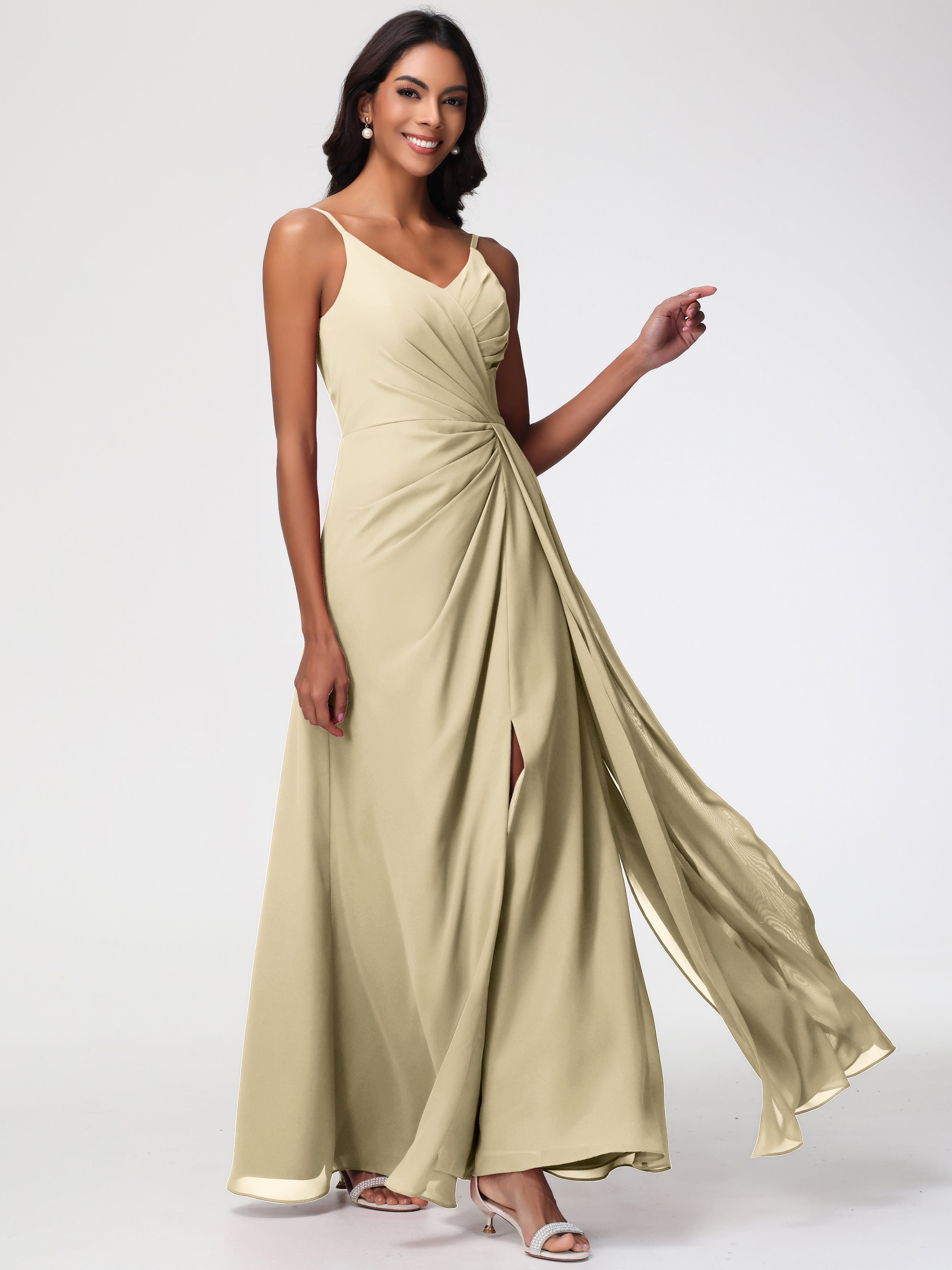 A-Line V-Neck Sleeveless Spaghetti Straps Pleats Chiffon Bridesmaid Dresses With Split