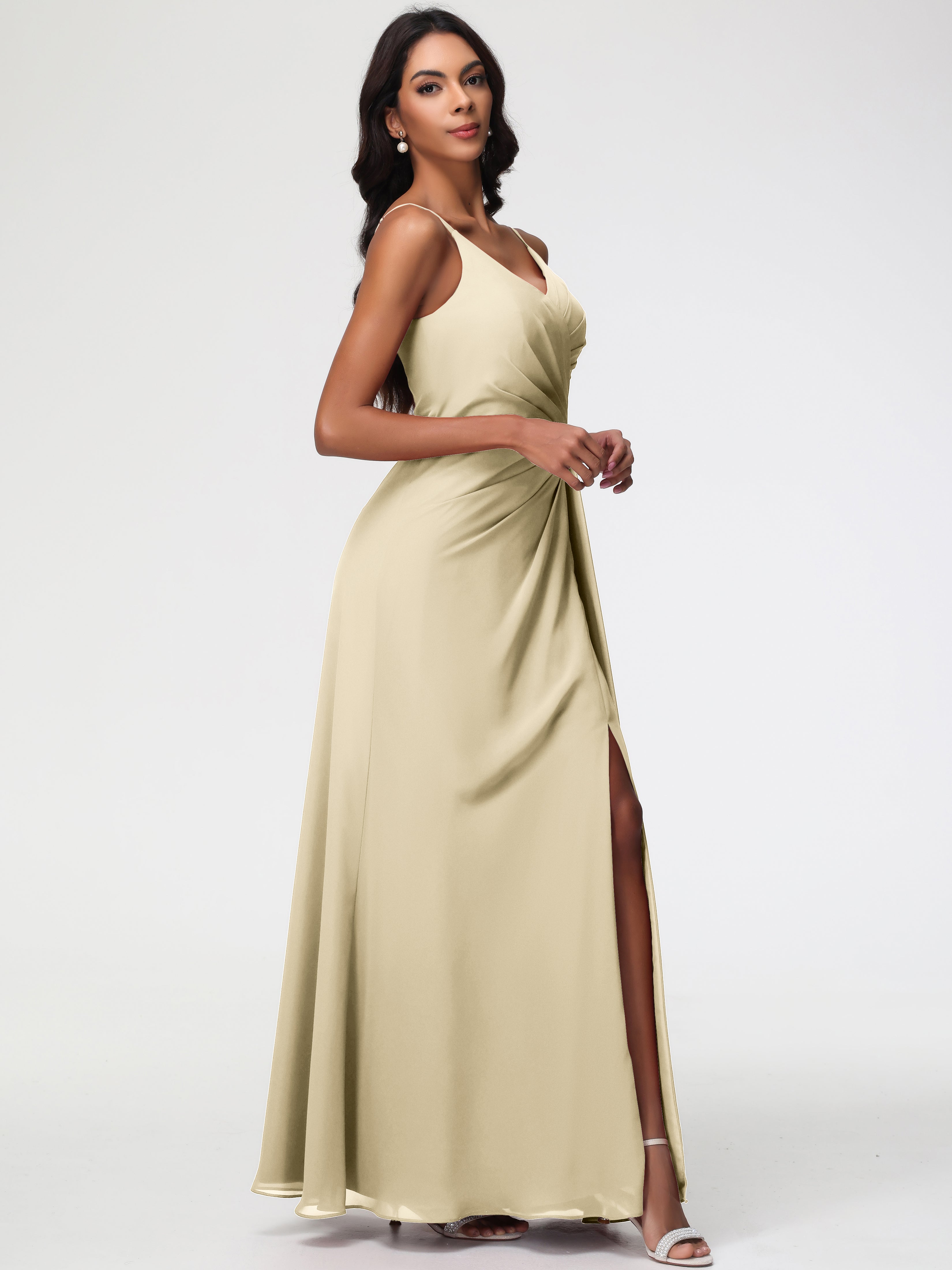 A-Line V-Neck Sleeveless Spaghetti Straps Pleats Chiffon Bridesmaid Dresses With Split