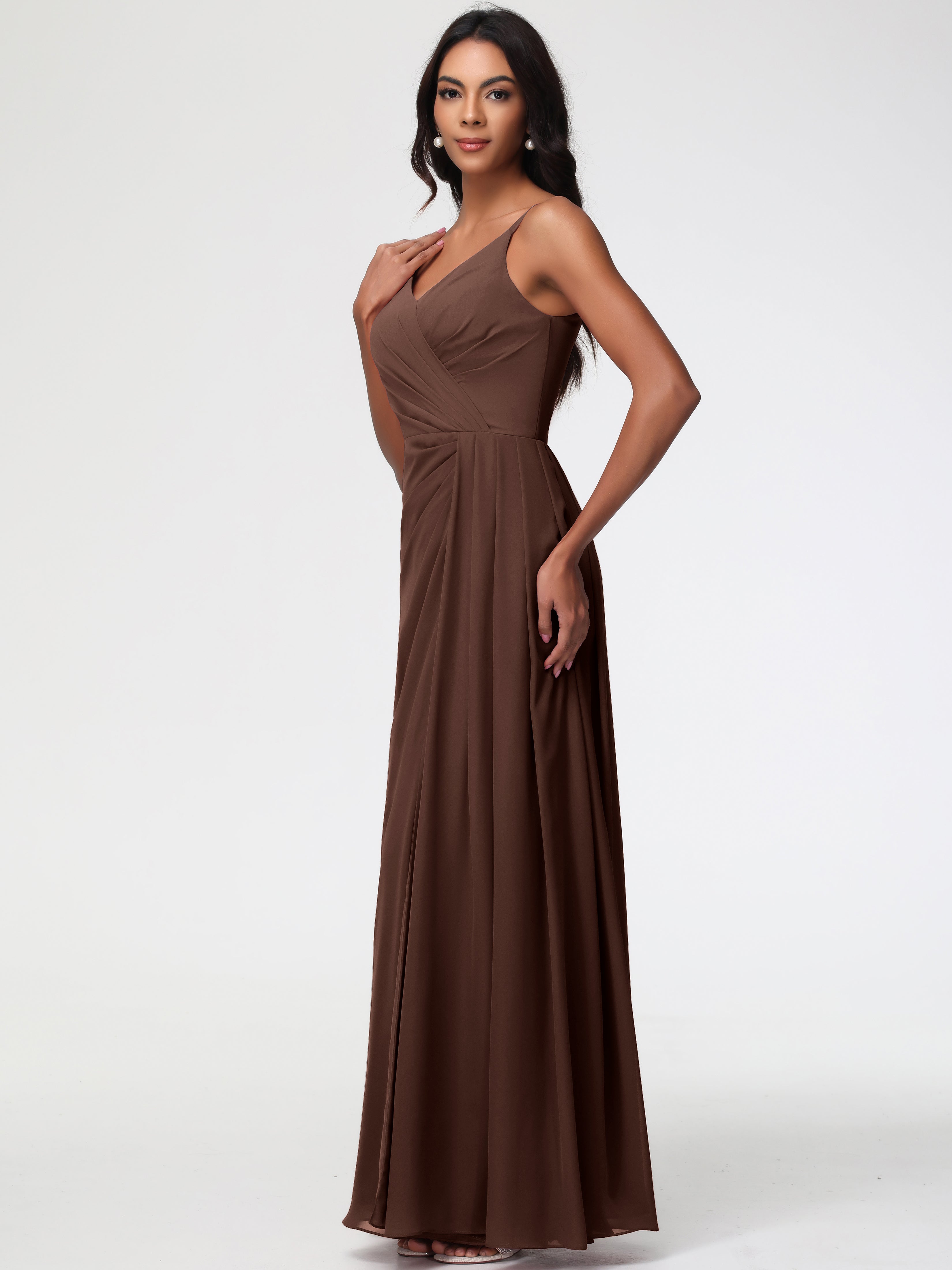 A-Line V-Neck Sleeveless Spaghetti Straps Pleats Chiffon Bridesmaid Dresses With Split