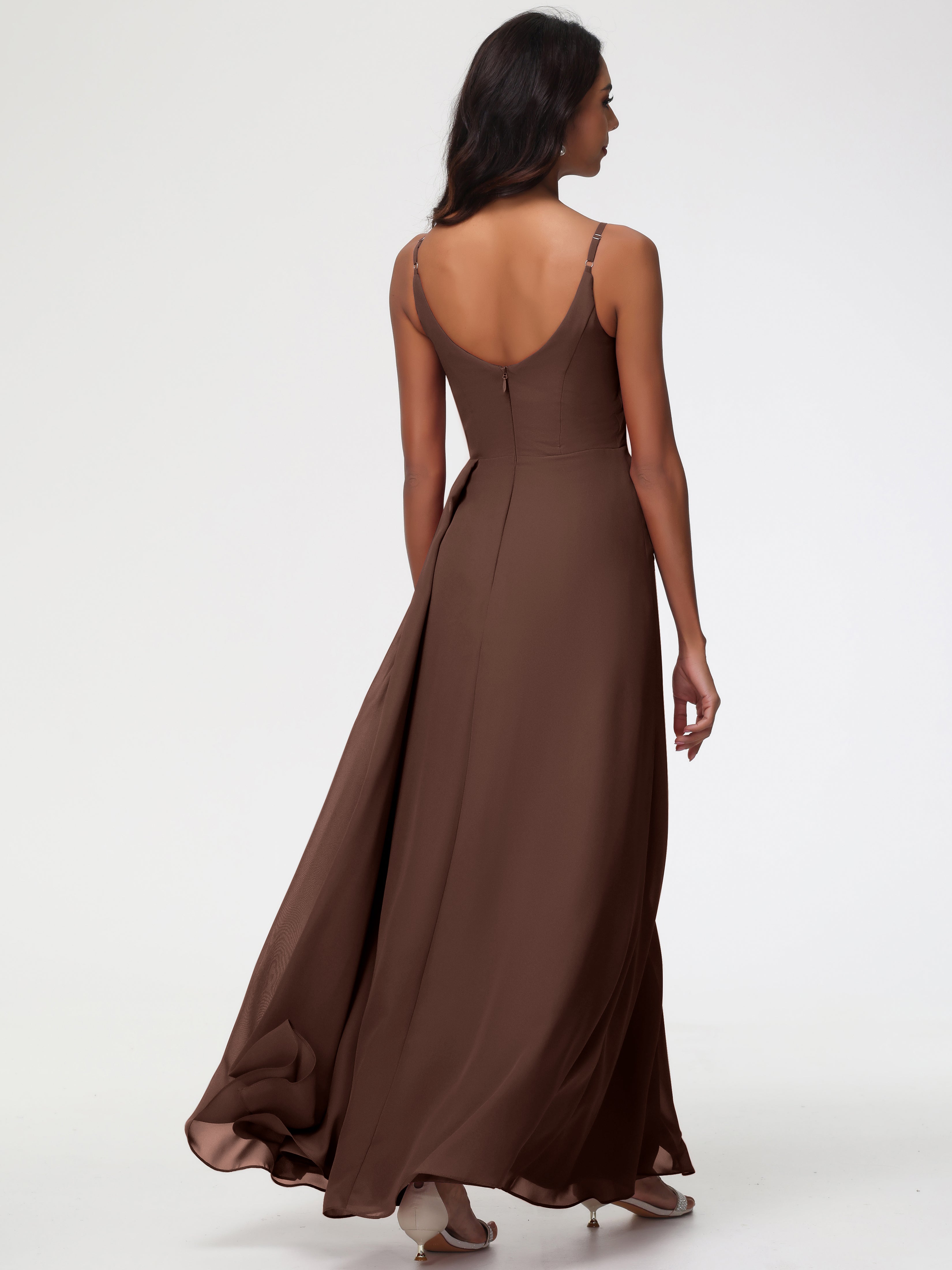 A-Line V-Neck Sleeveless Spaghetti Straps Pleats Chiffon Bridesmaid Dresses With Split