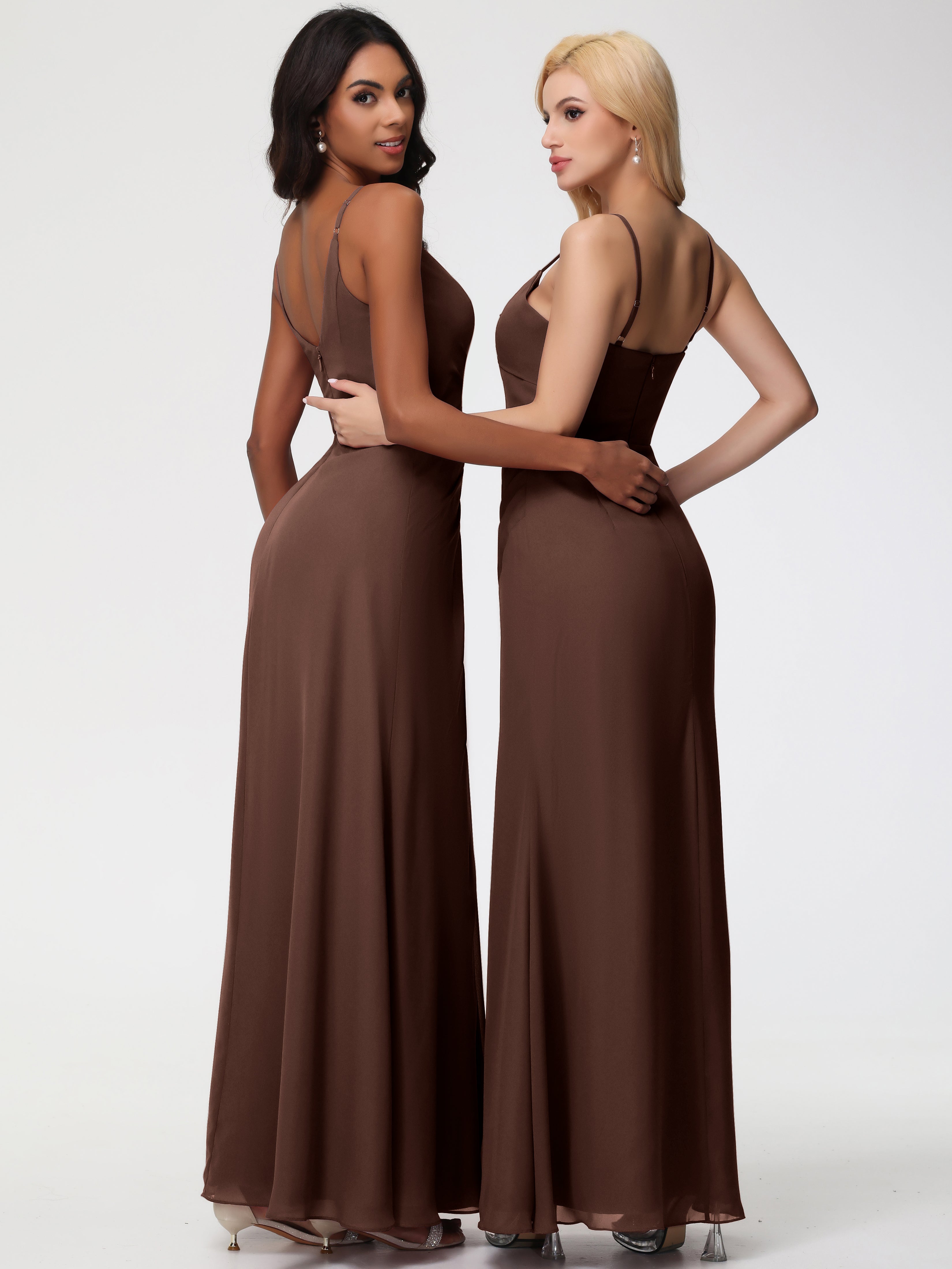A-Line V-Neck Sleeveless Spaghetti Straps Pleats Chiffon Bridesmaid Dresses With Split