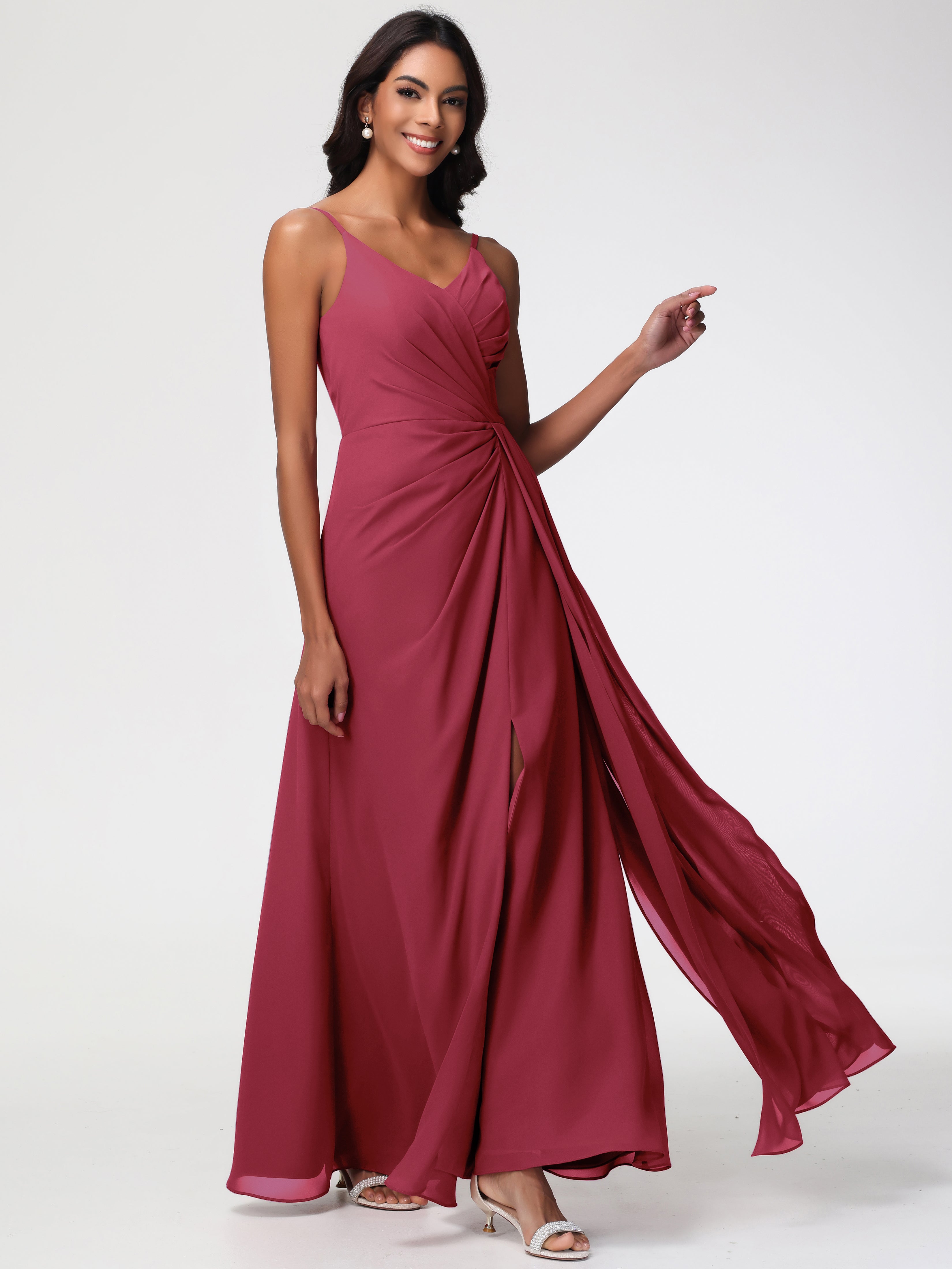A-Line V-Neck Sleeveless Spaghetti Straps Pleats Chiffon Bridesmaid Dresses With Split