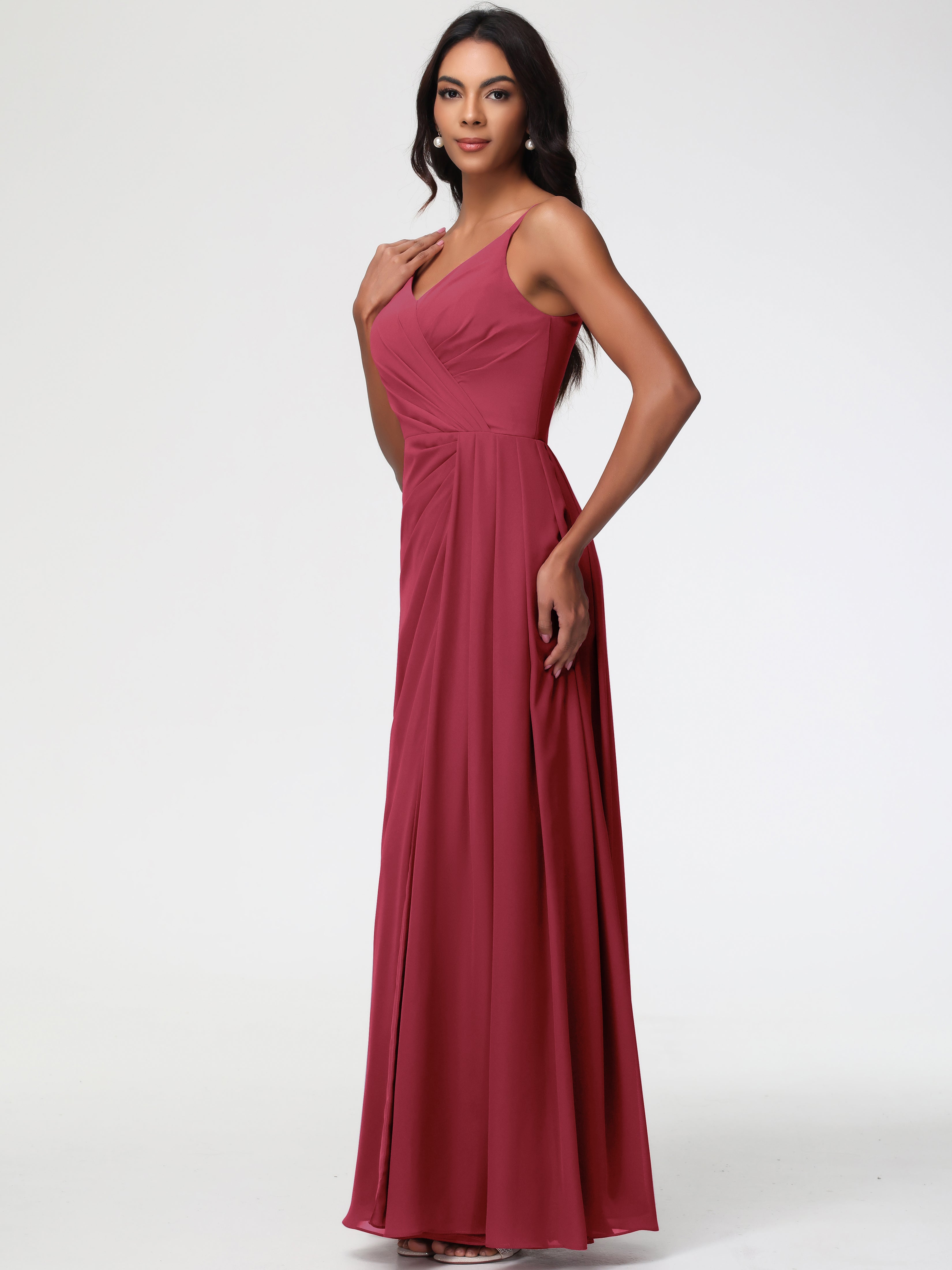 A-Line V-Neck Sleeveless Spaghetti Straps Pleats Chiffon Bridesmaid Dresses With Split