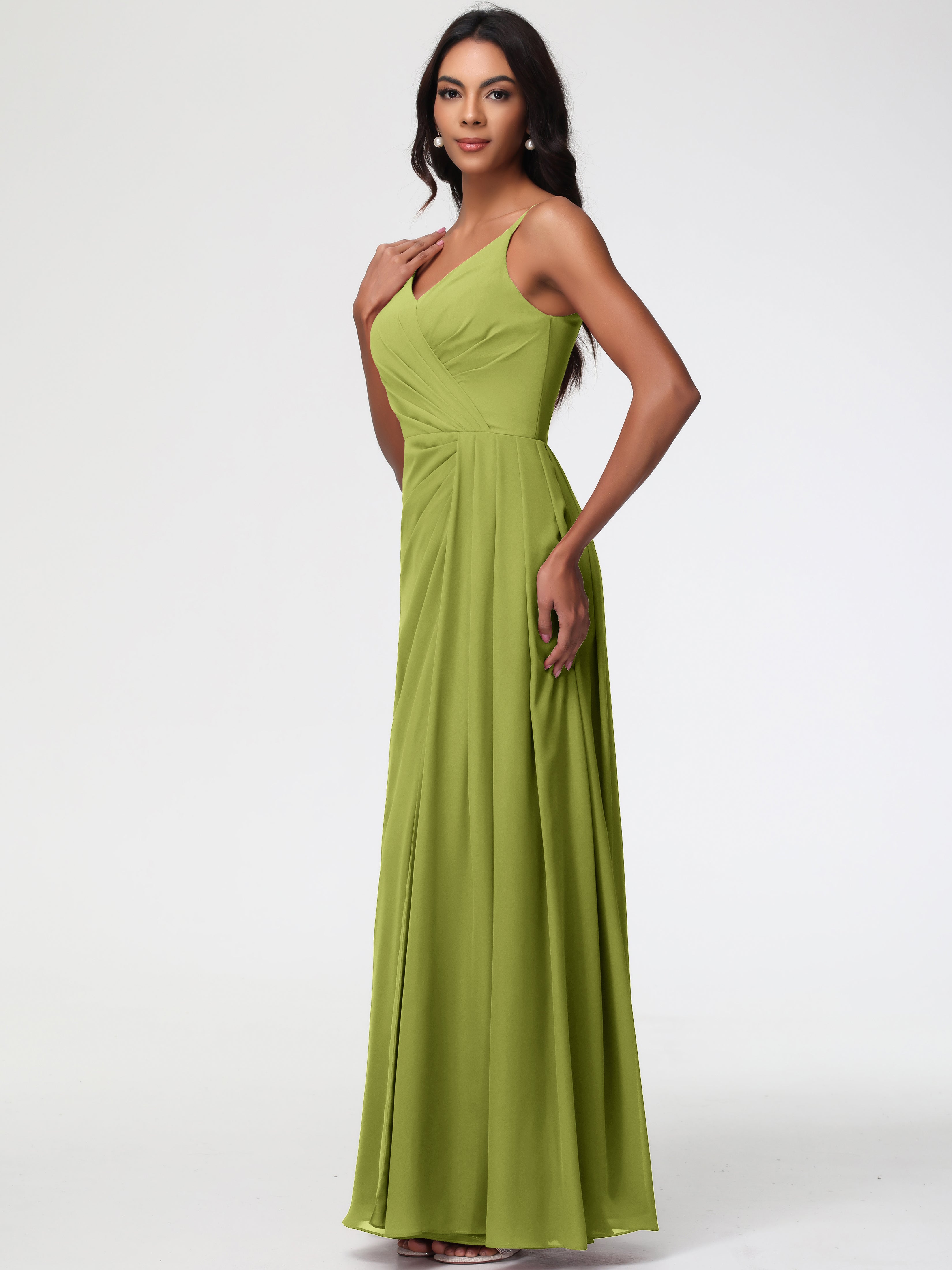 A-Line V-Neck Sleeveless Spaghetti Straps Pleats Chiffon Bridesmaid Dresses With Split