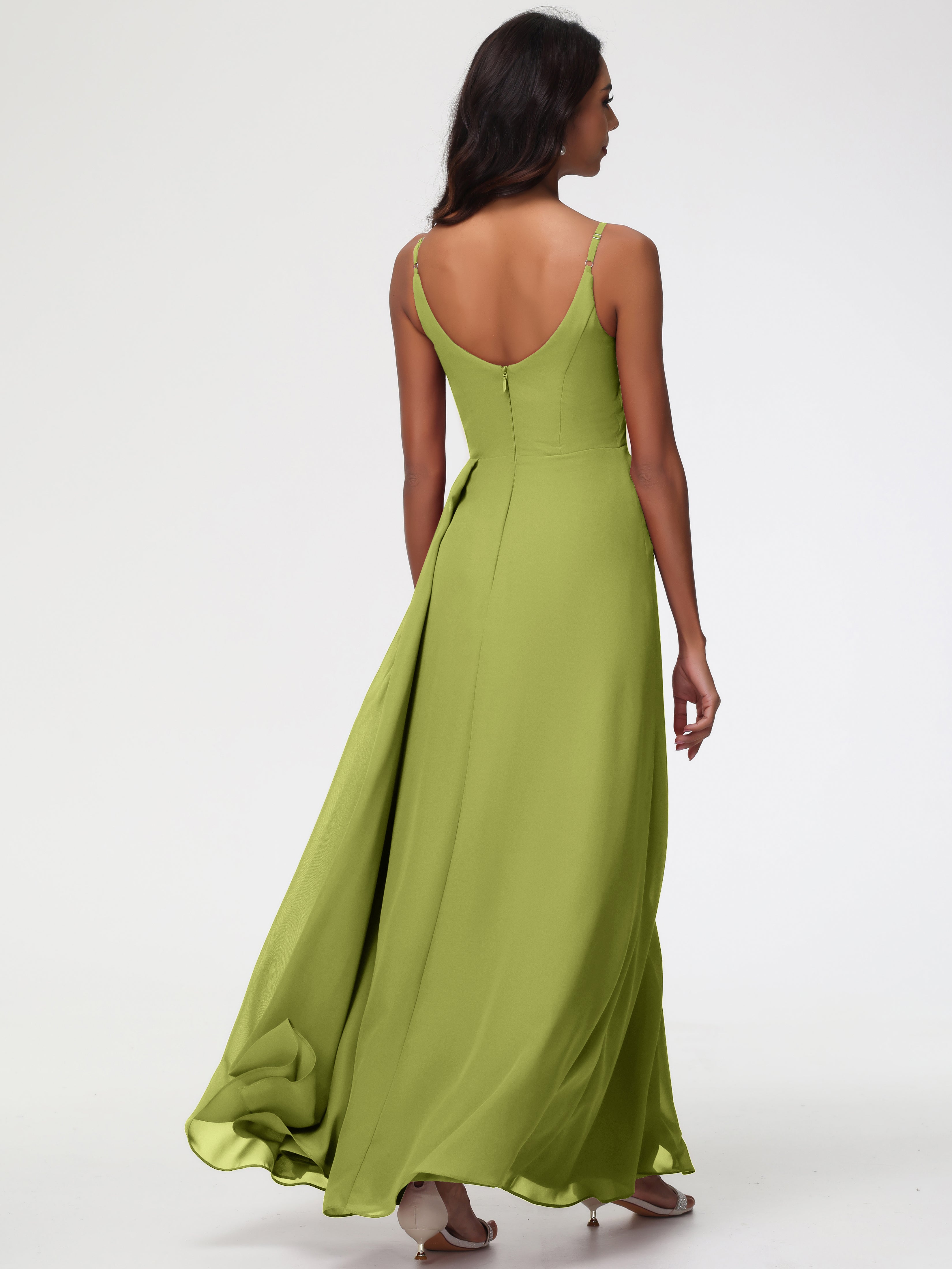 A-Line V-Neck Sleeveless Spaghetti Straps Pleats Chiffon Bridesmaid Dresses With Split