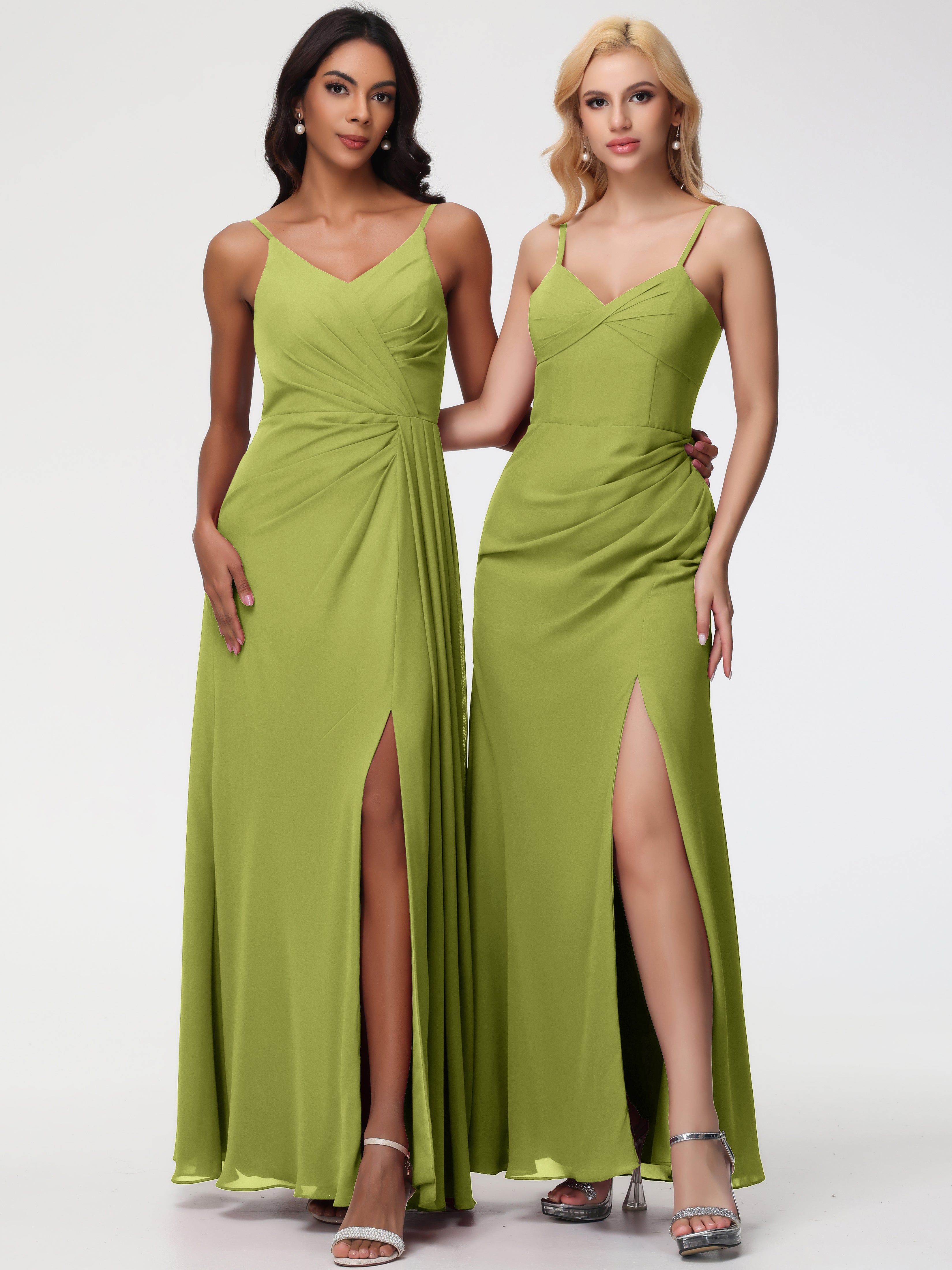 A-Line V-Neck Sleeveless Spaghetti Straps Pleats Chiffon Bridesmaid Dresses With Split