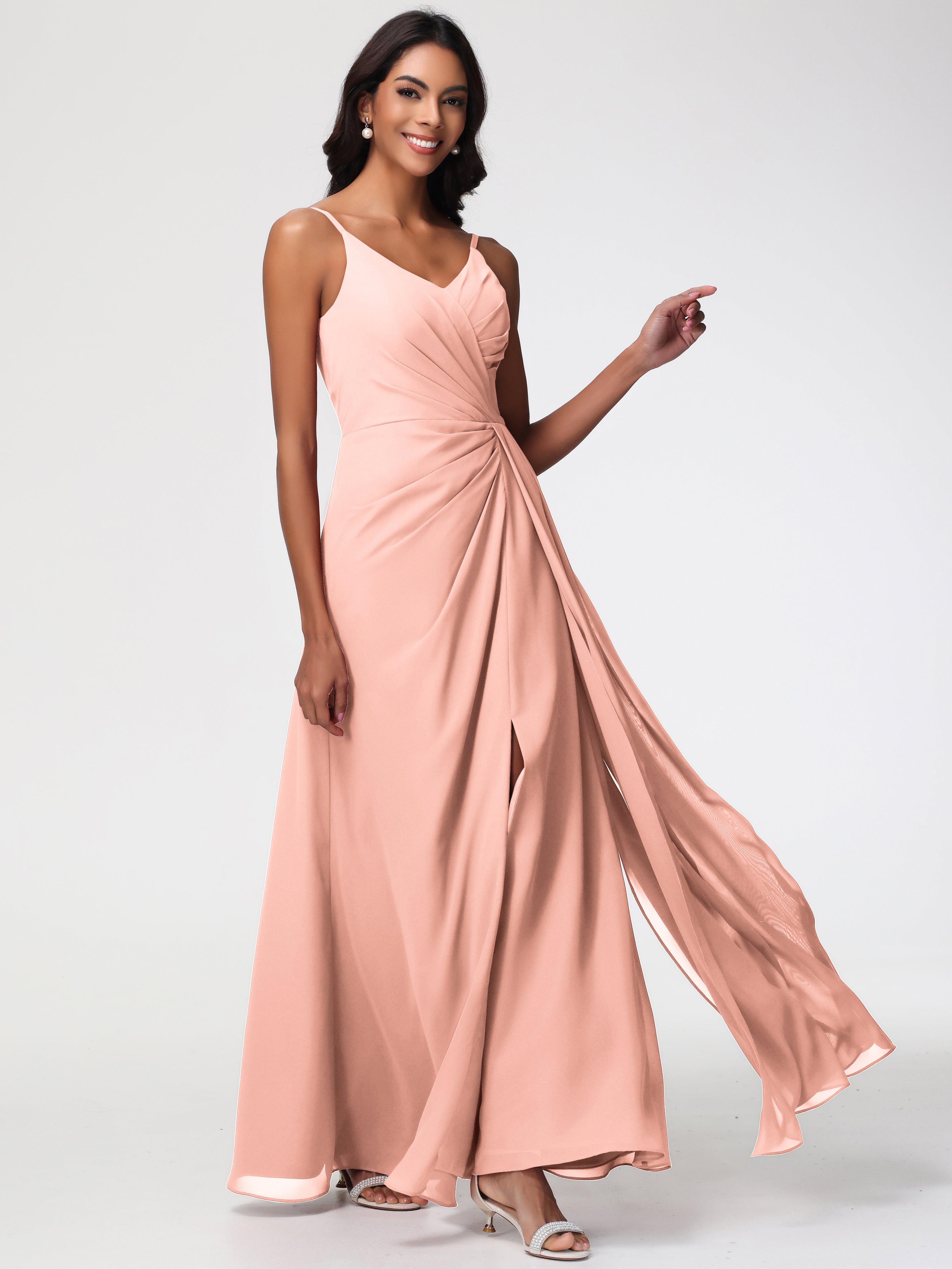 A-Line V-Neck Sleeveless Spaghetti Straps Pleats Chiffon Bridesmaid Dresses With Split