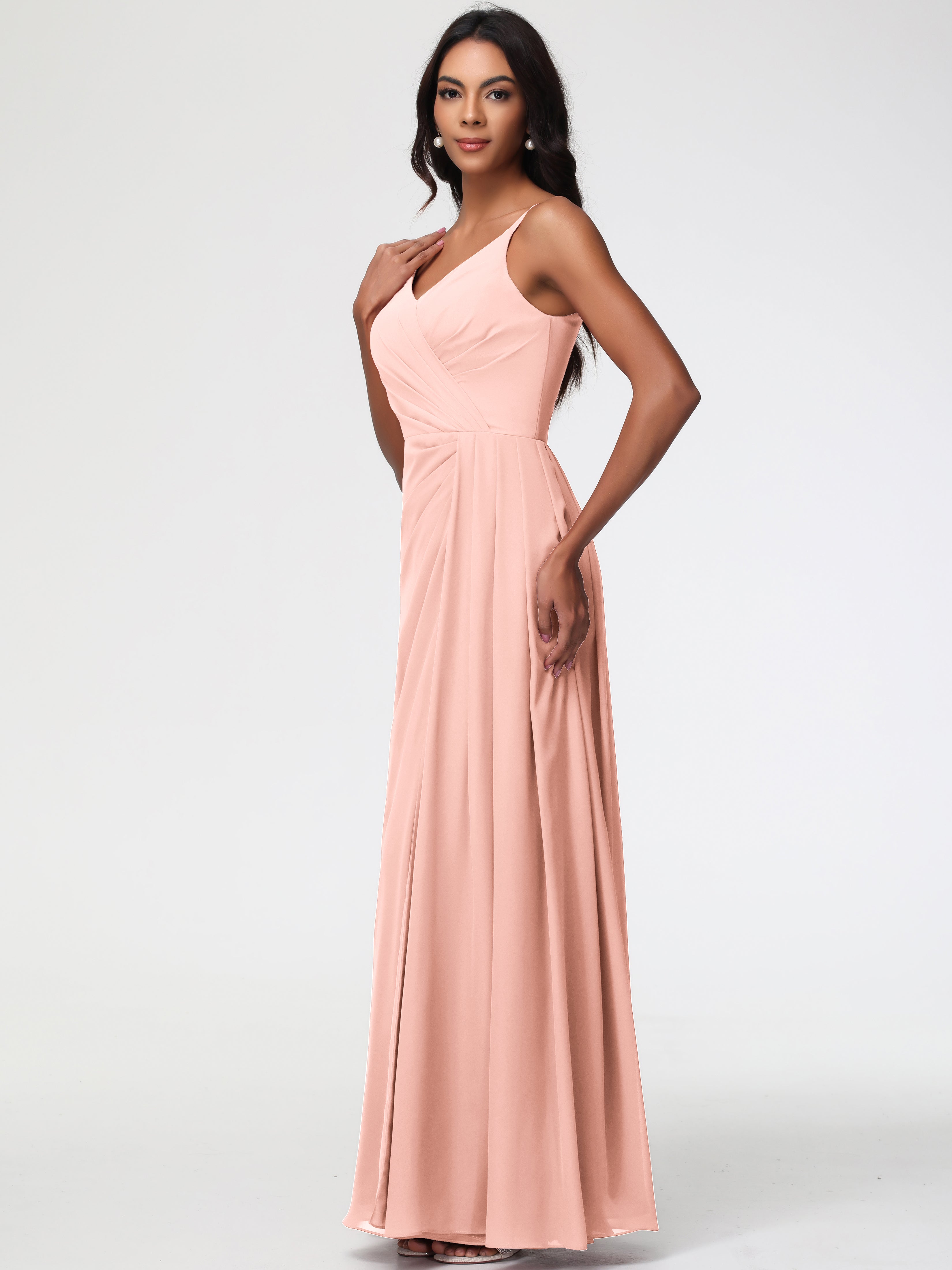 A-Line V-Neck Sleeveless Spaghetti Straps Pleats Chiffon Bridesmaid Dresses With Split