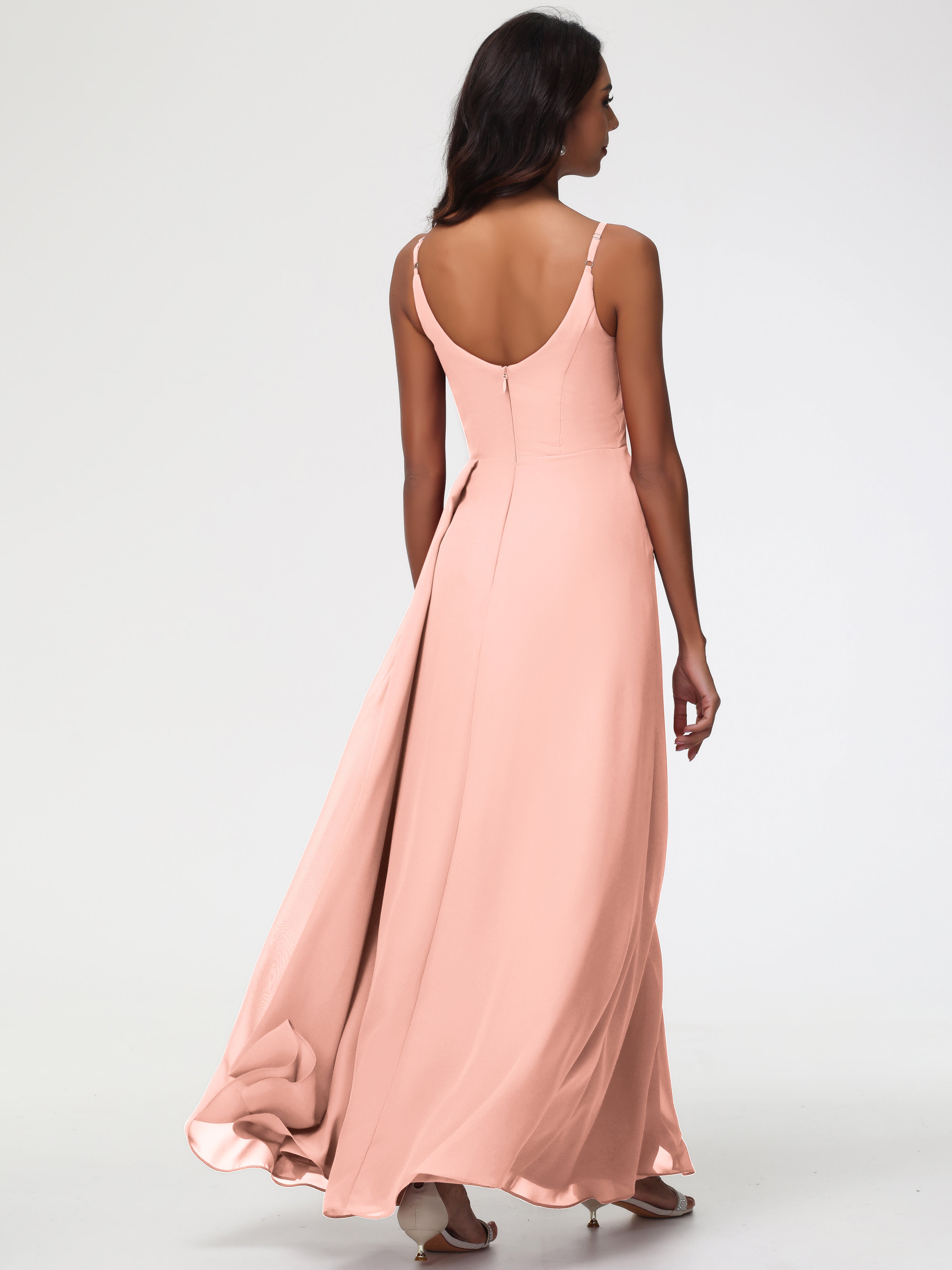 A-Line V-Neck Sleeveless Spaghetti Straps Pleats Chiffon Bridesmaid Dresses With Split