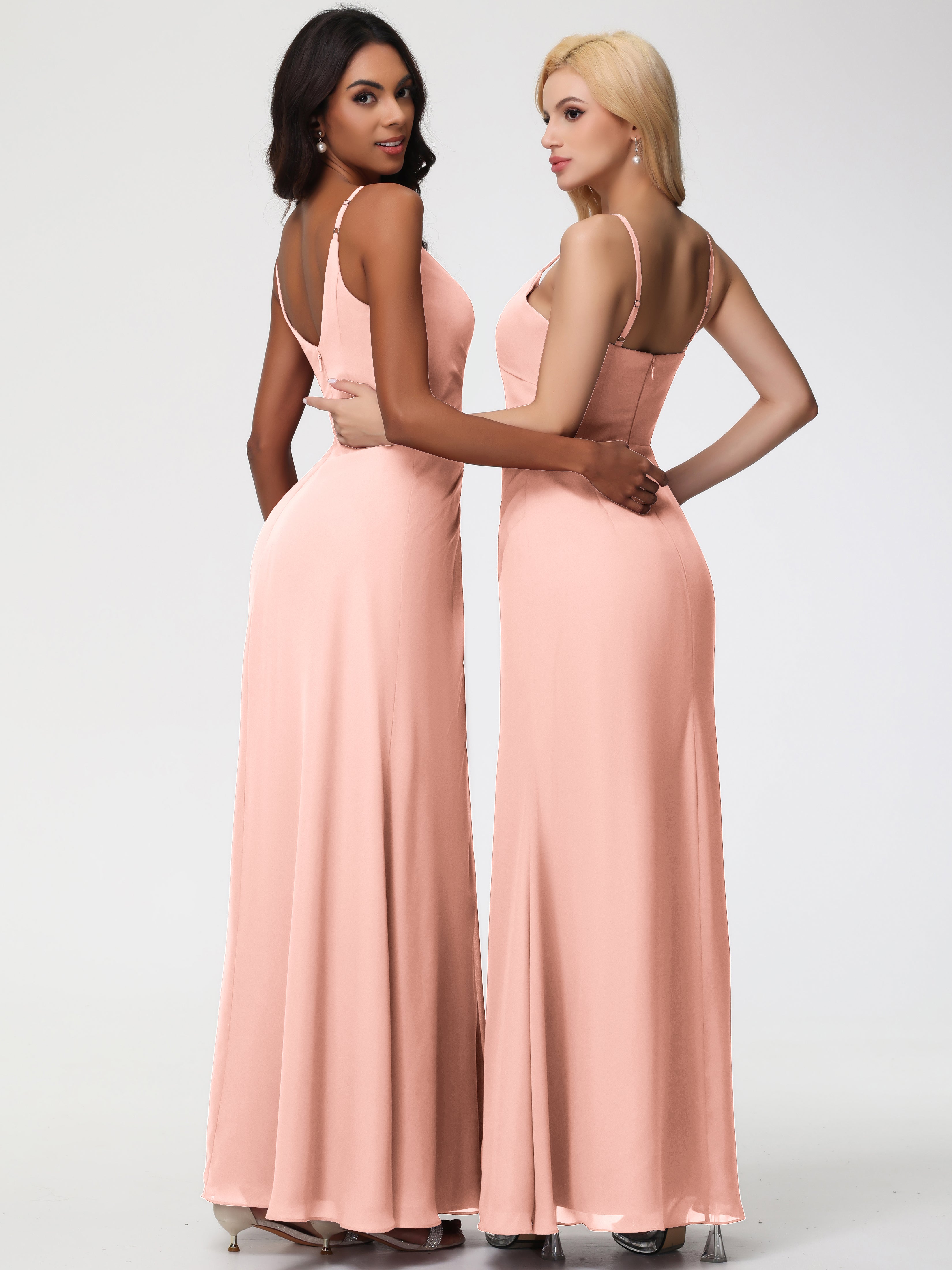 A-Line V-Neck Sleeveless Spaghetti Straps Pleats Chiffon Bridesmaid Dresses With Split