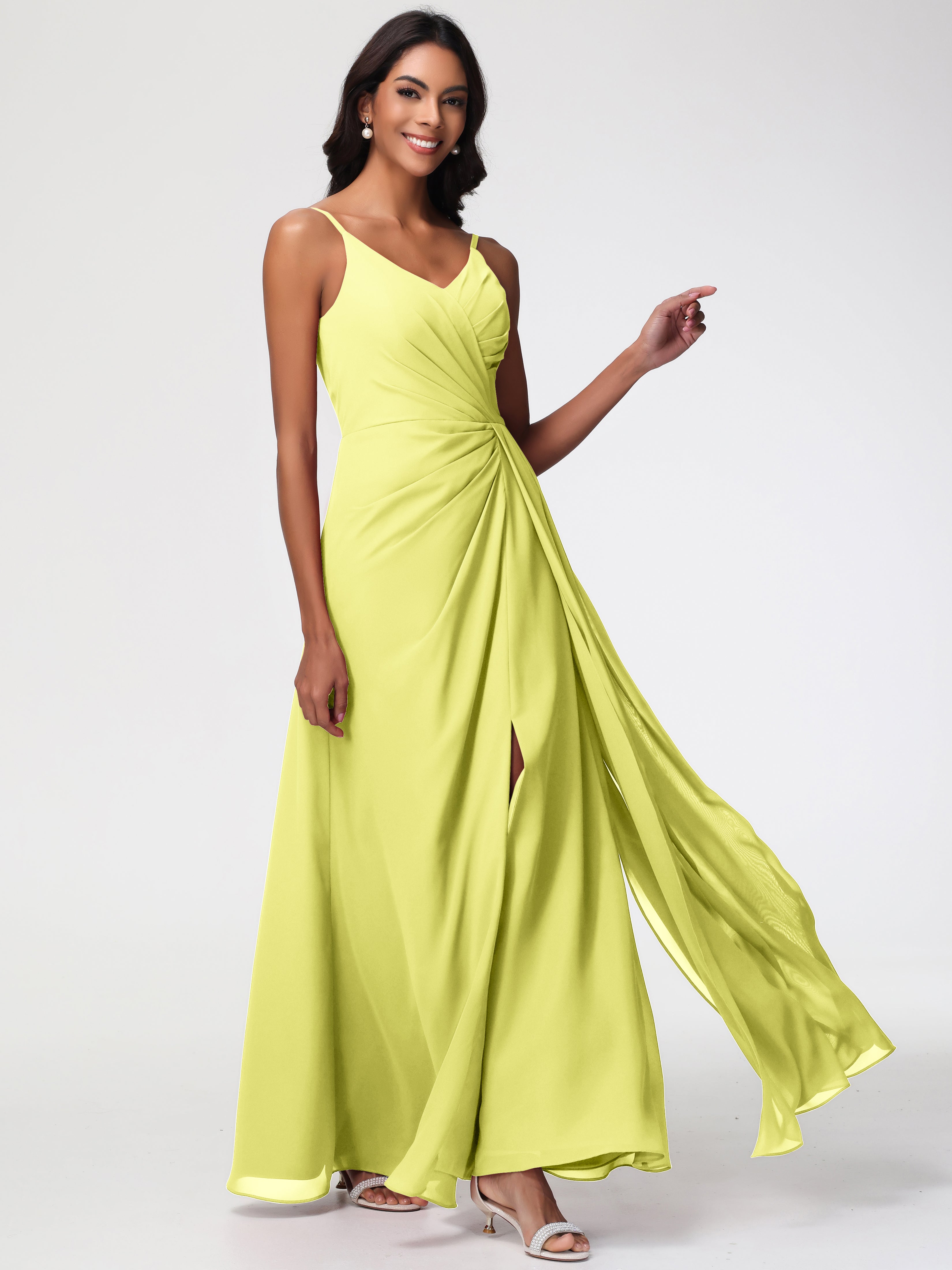 A-Line V-Neck Sleeveless Spaghetti Straps Pleats Chiffon Bridesmaid Dresses With Split